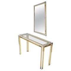 Romeo Rega, Glass, Brass and Chrome Console Table with Matching Mirror, 1970s