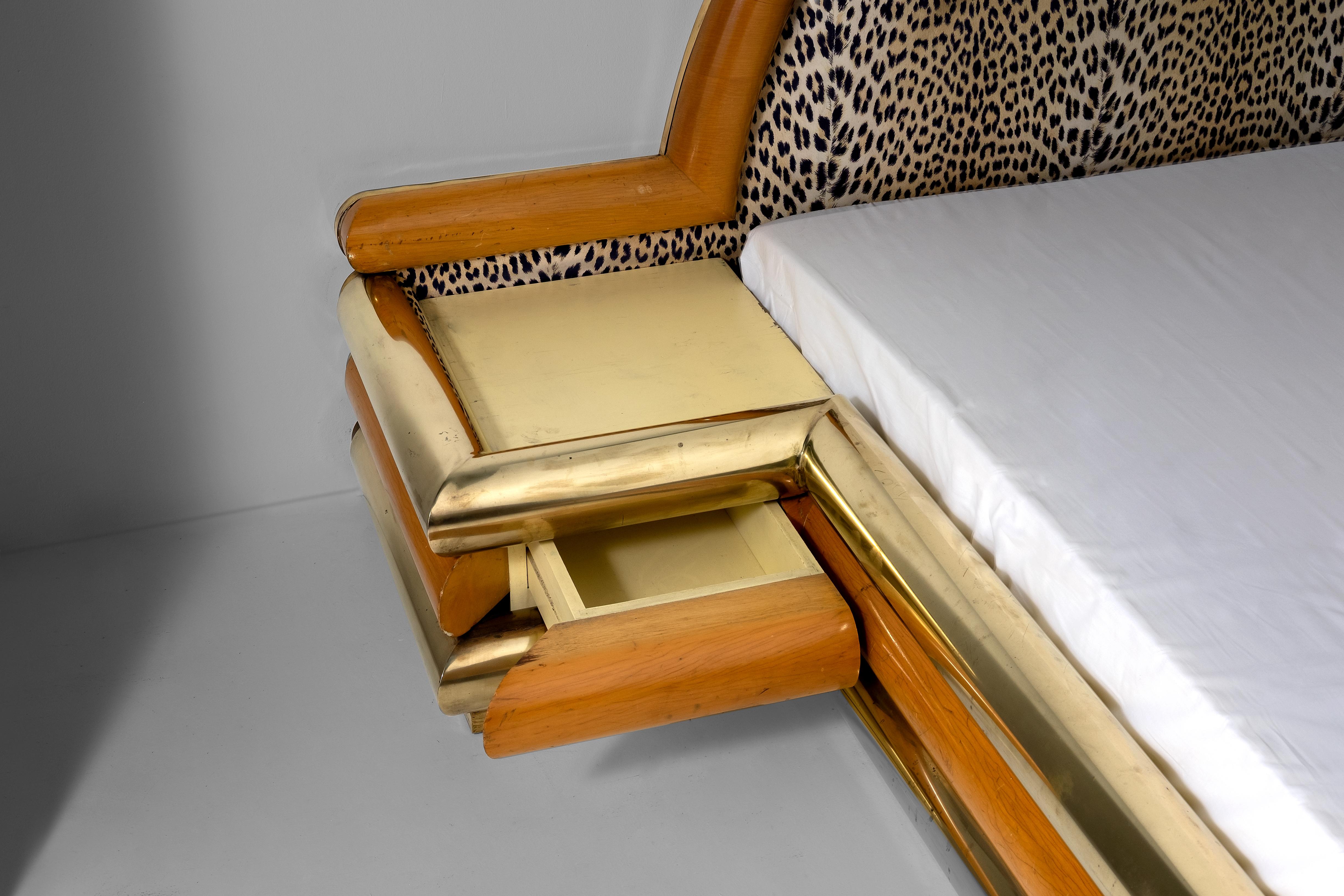 Mid-Century Modern Romeo Rega Bed, Brass Wood and Fabric, Italian Design, 1970s For Sale