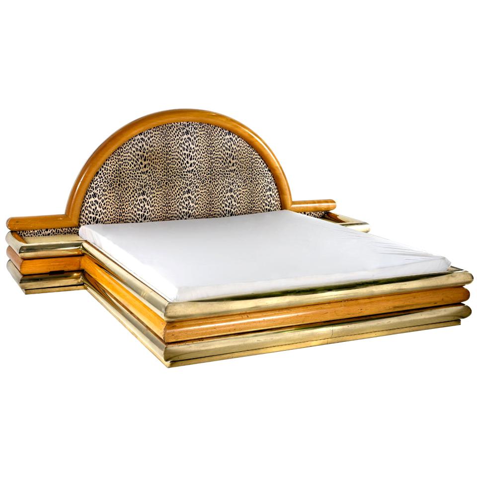 Romeo Rega Bed, Brass Wood and Fabric, Italian Design, 1970s