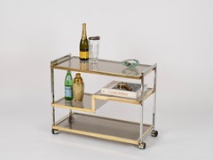 Romeo Rega Italian Bar Cart in Brass Chrome and Smoked Glass, Italy, 1970s