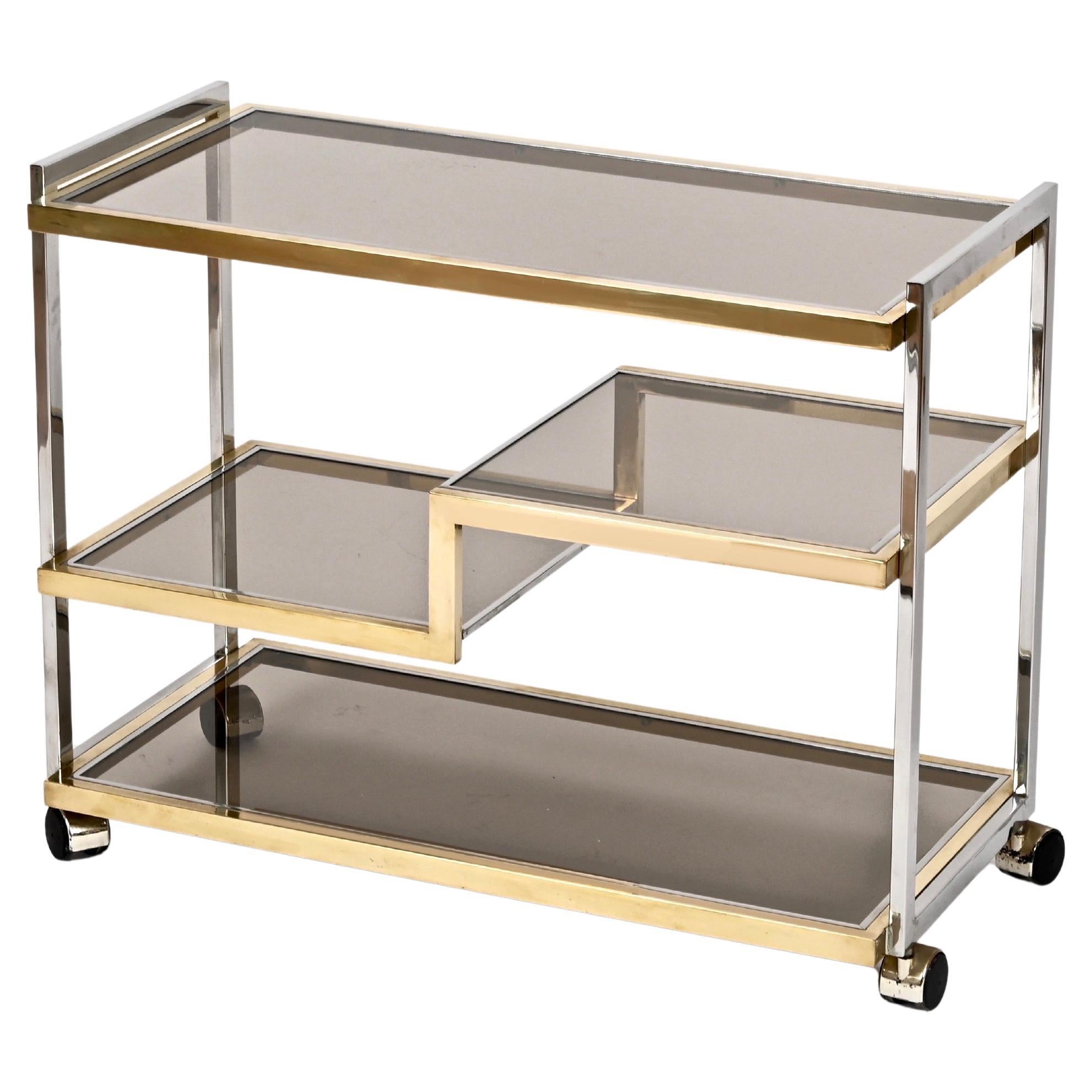Romeo Rega Italian Bar Cart in Brass Chrome and Smoked Glass, Italy, 1970s