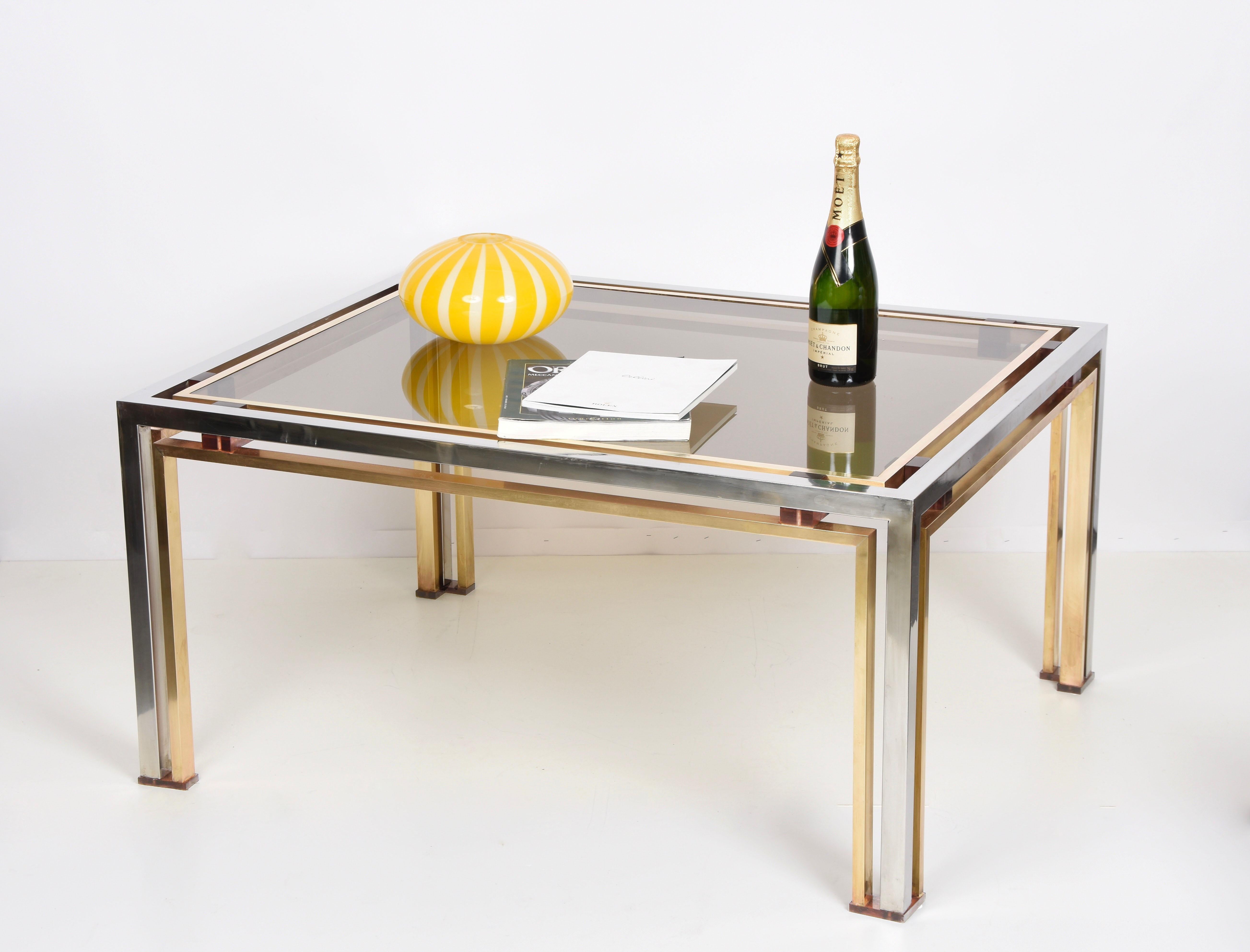 Romeo Rega Italian Coffee Table in Brass and Chrome Smoked Glass Lucite 1970s For Sale 7