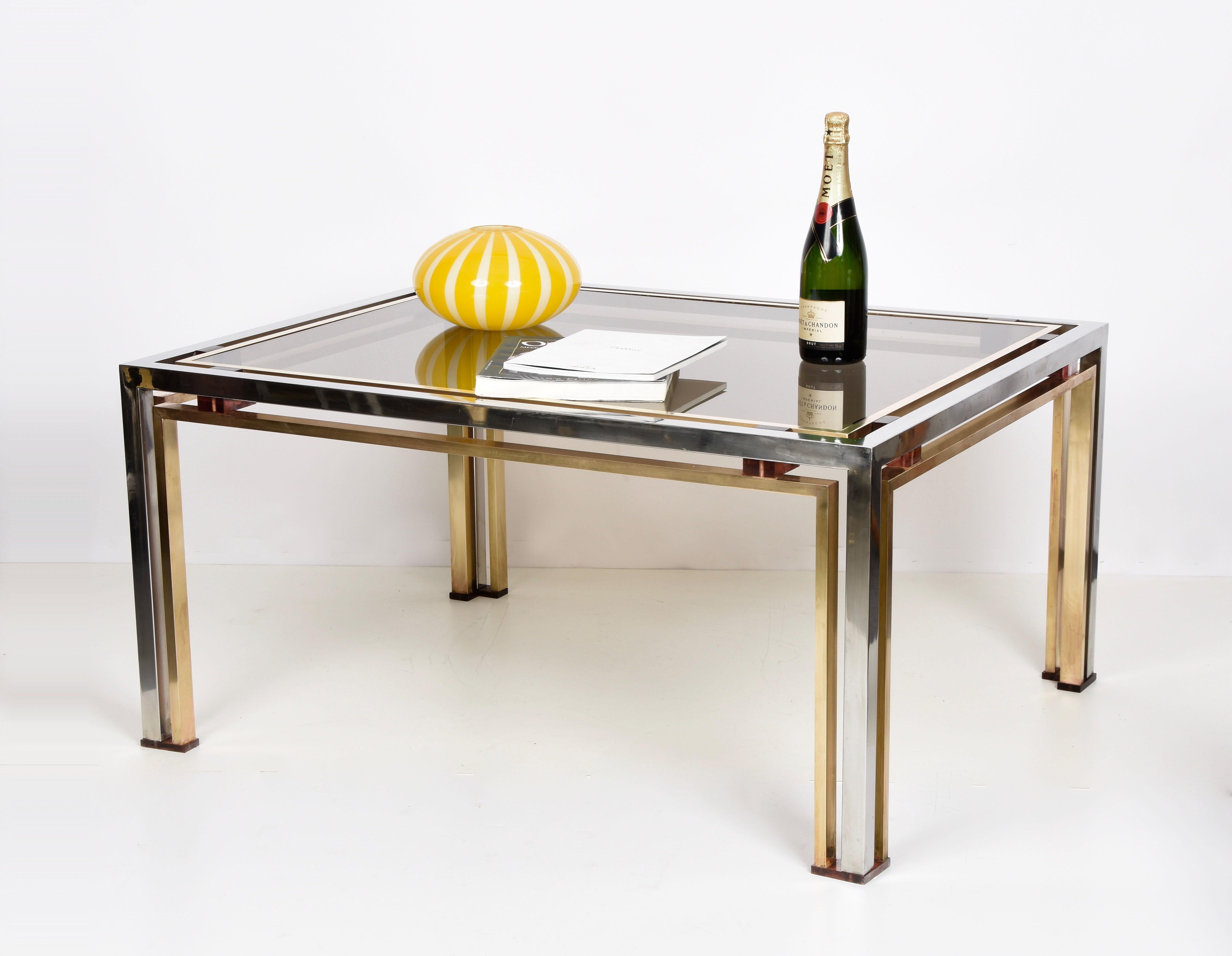 Mid-Century Modern Romeo Rega Italian Coffee Table in Brass and Chrome Smoked Glass Lucite 1970s For Sale