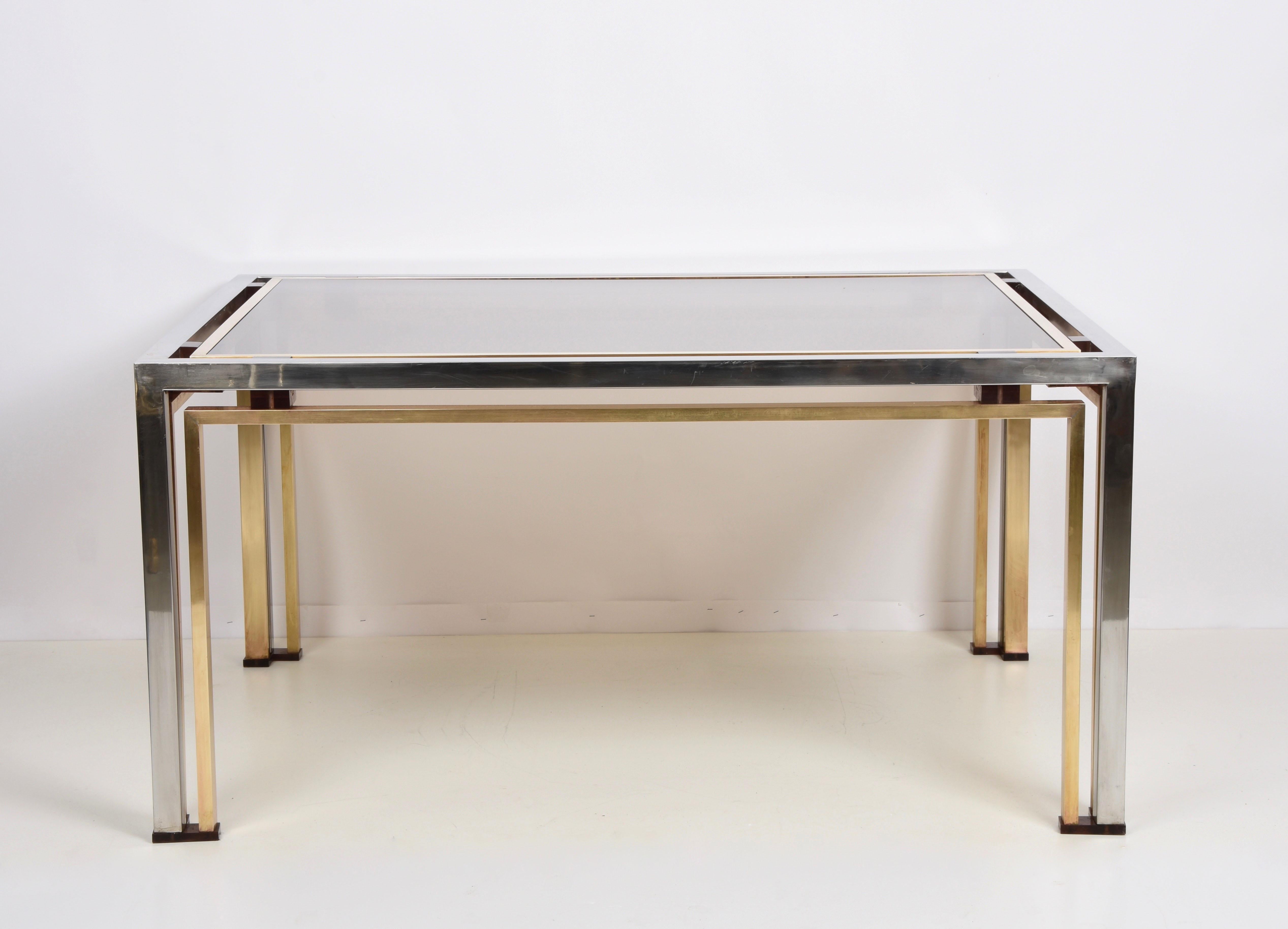 Romeo Rega Italian Coffee Table in Brass and Chrome Smoked Glass Lucite 1970s For Sale 2
