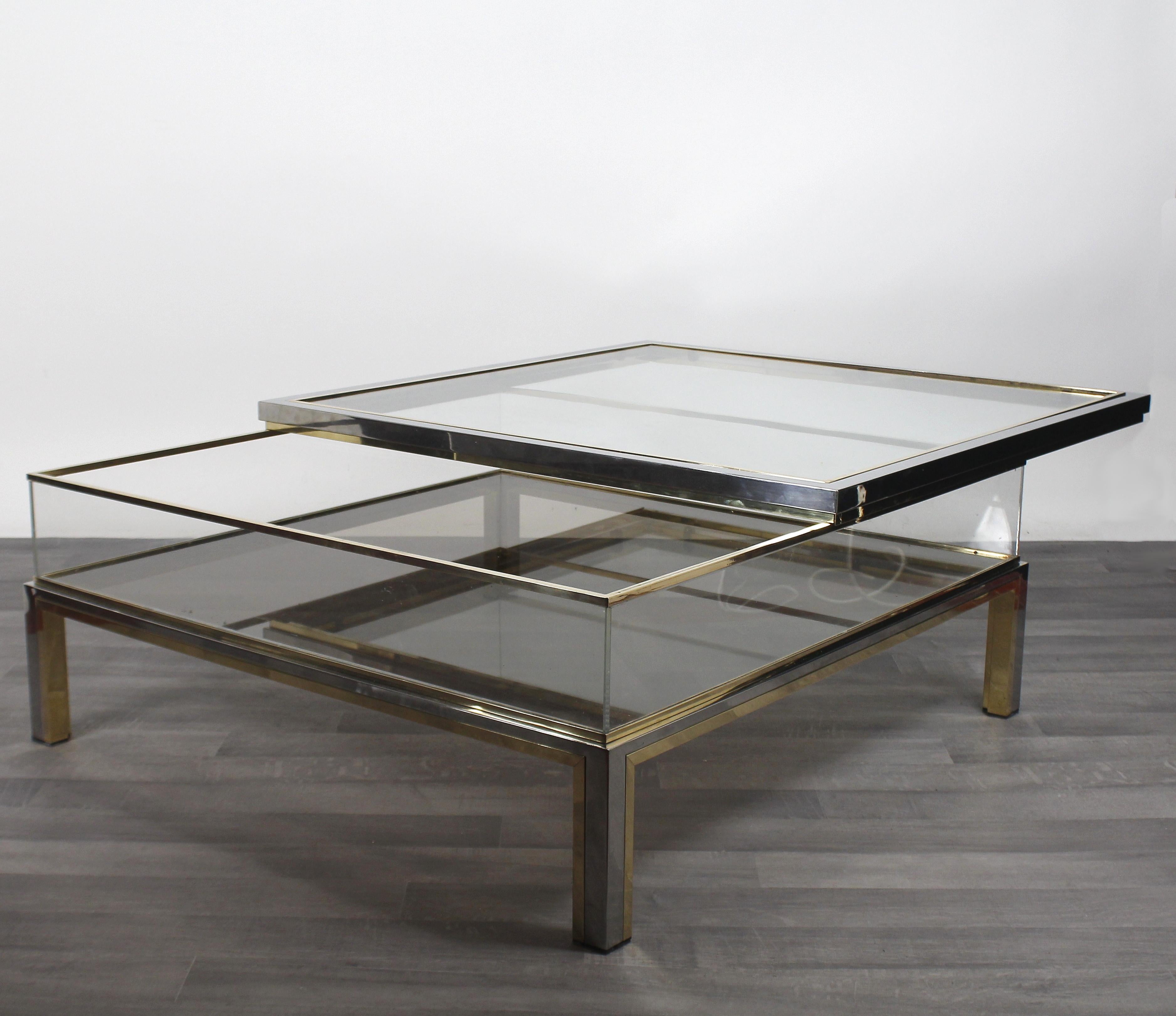 Late 20th Century Romeo Rega Italian Brass Chrome and Glass Coffee Table, 1970s For Sale