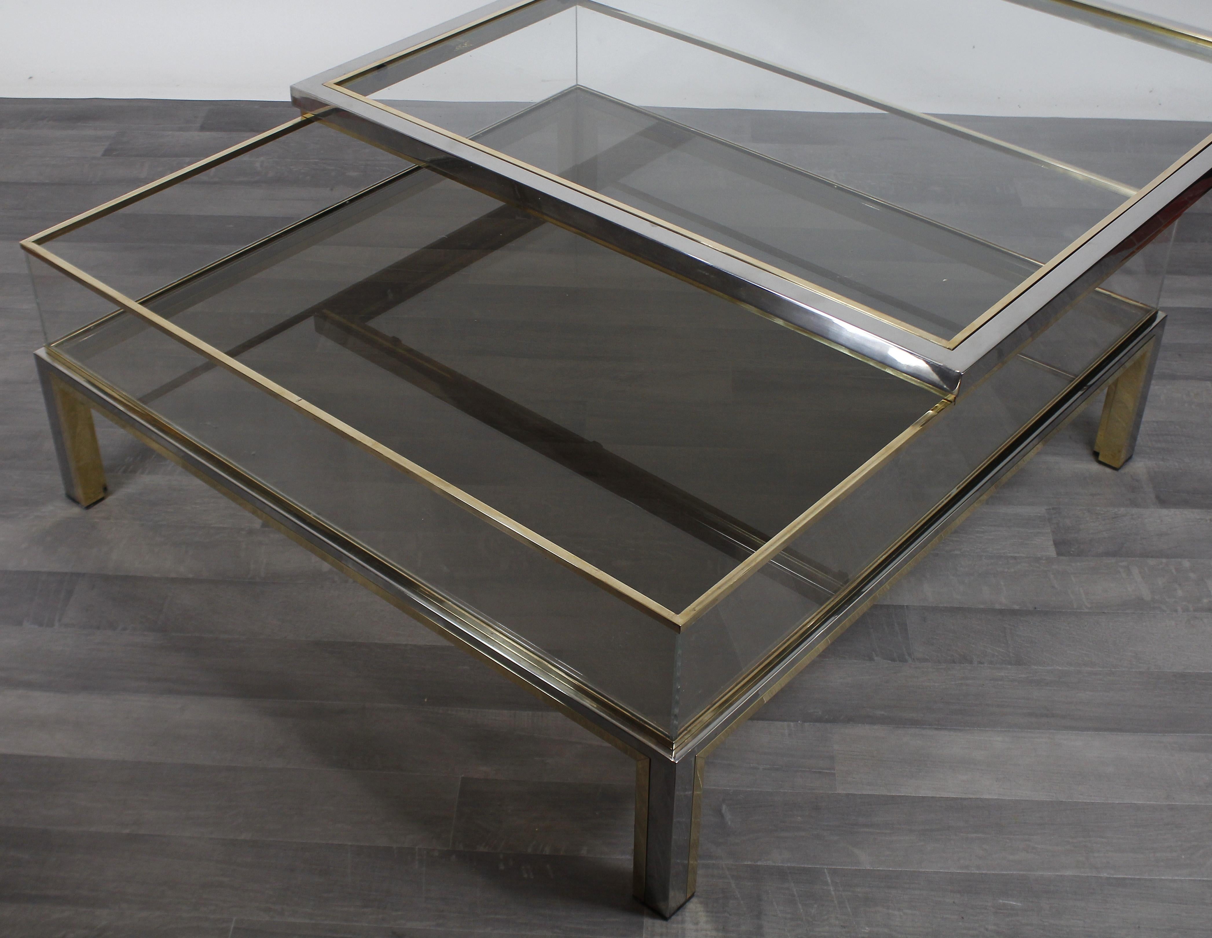 Romeo Rega Italian Brass Chrome and Glass Coffee Table, 1970s For Sale 1