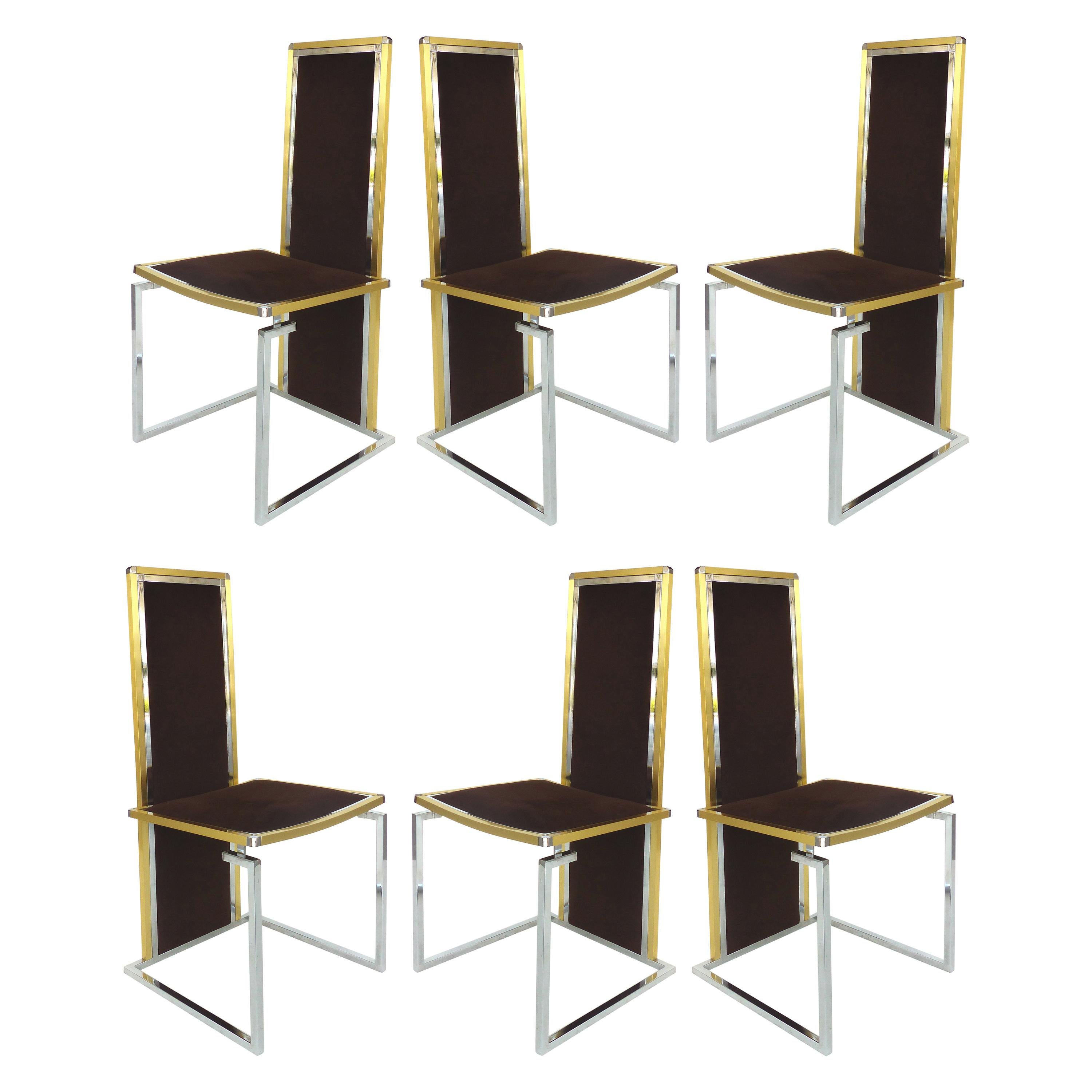  Romeo Rega Italian Brass/Stainless Steel Dining Chairs, Set of Six circa 1970s