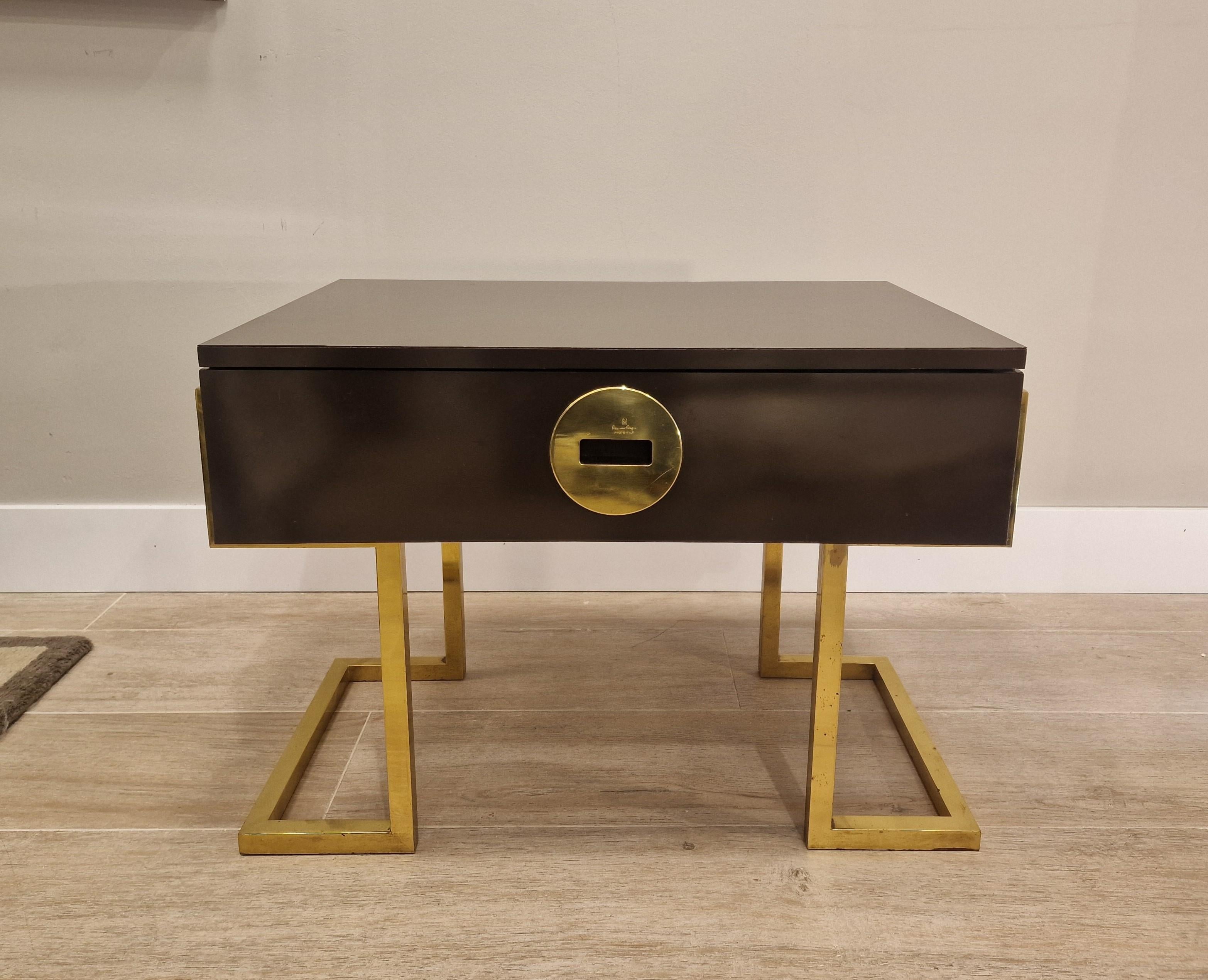 Mid-Century Modern Romeo Rega Italian  Brown End Table Side table , Gilded Brass Signed