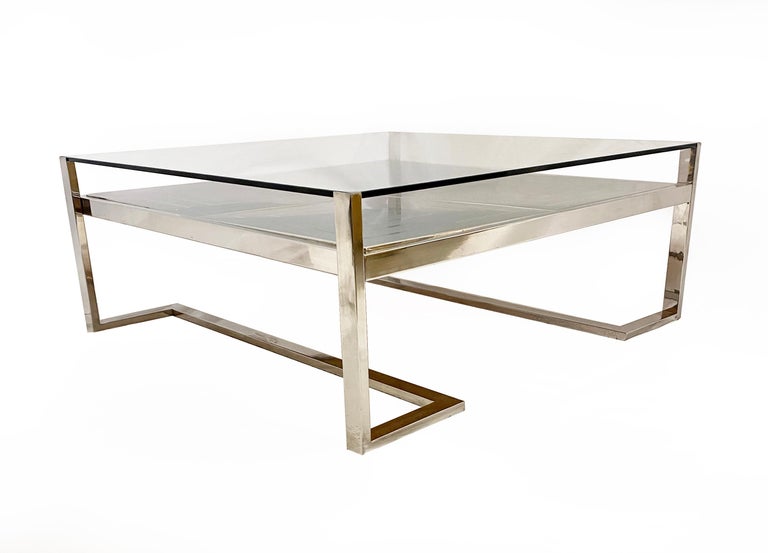 Mid-Century Modern Romeo Rega Italian Geometric Decor Clear Glass Chrome 2 Tier Coffee Sofa Table  For Sale