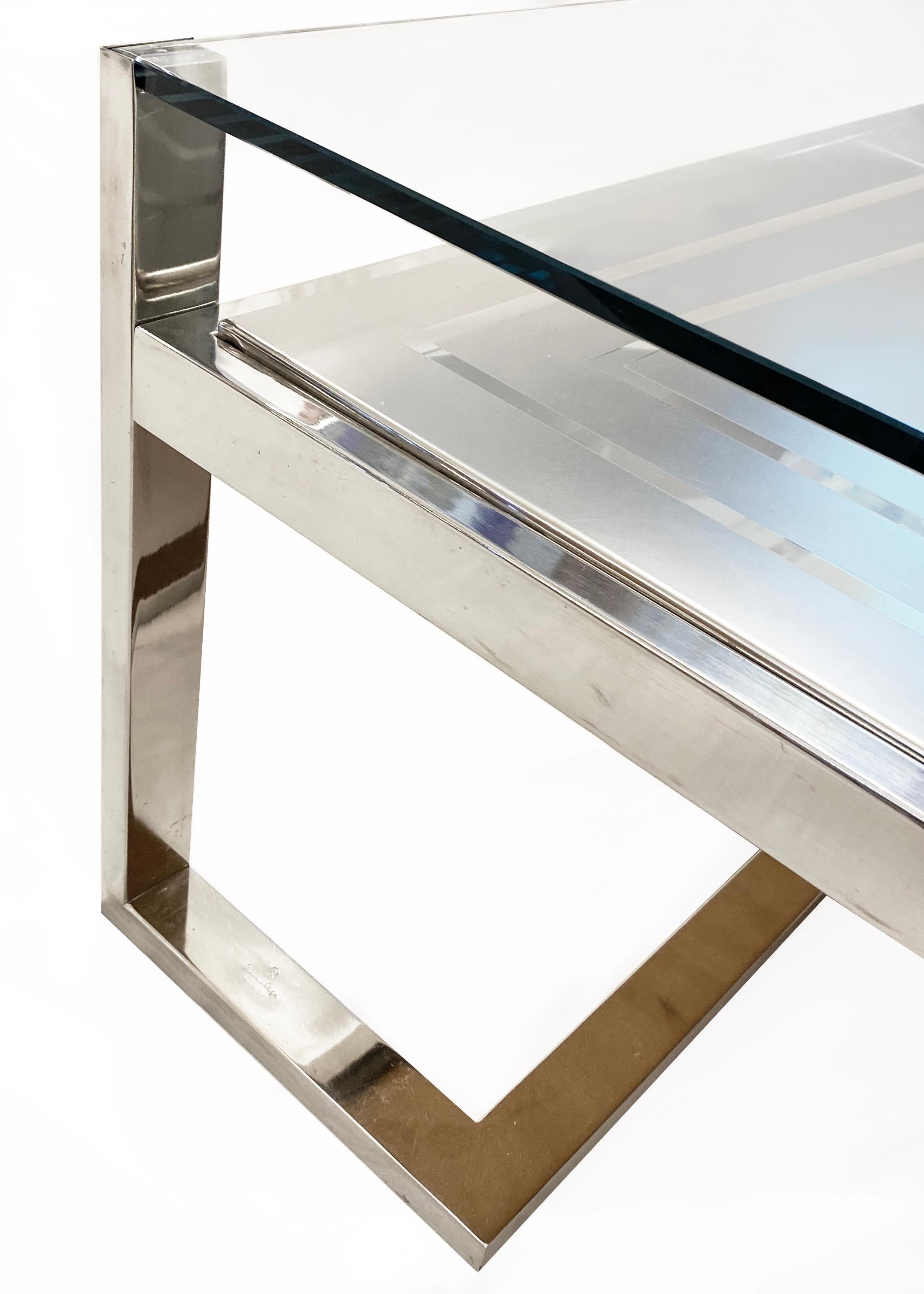Table basse italienne Romeo Rega à 2 niveaux avec décor géométrique en verre transparent et chrome  en vente 1