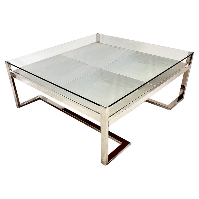 Romeo Rega Italian Geometric Decor Clear Glass Chrome 2 Tier Coffee Sofa Table  For Sale