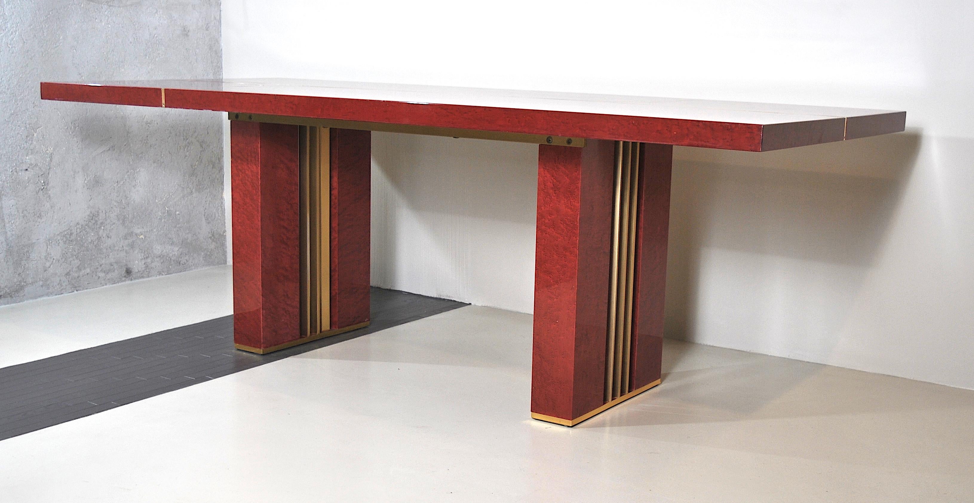Aluminum Romeo Rega Italian Midcentury Red Lacquered Wood and Brass French Table, 1980s