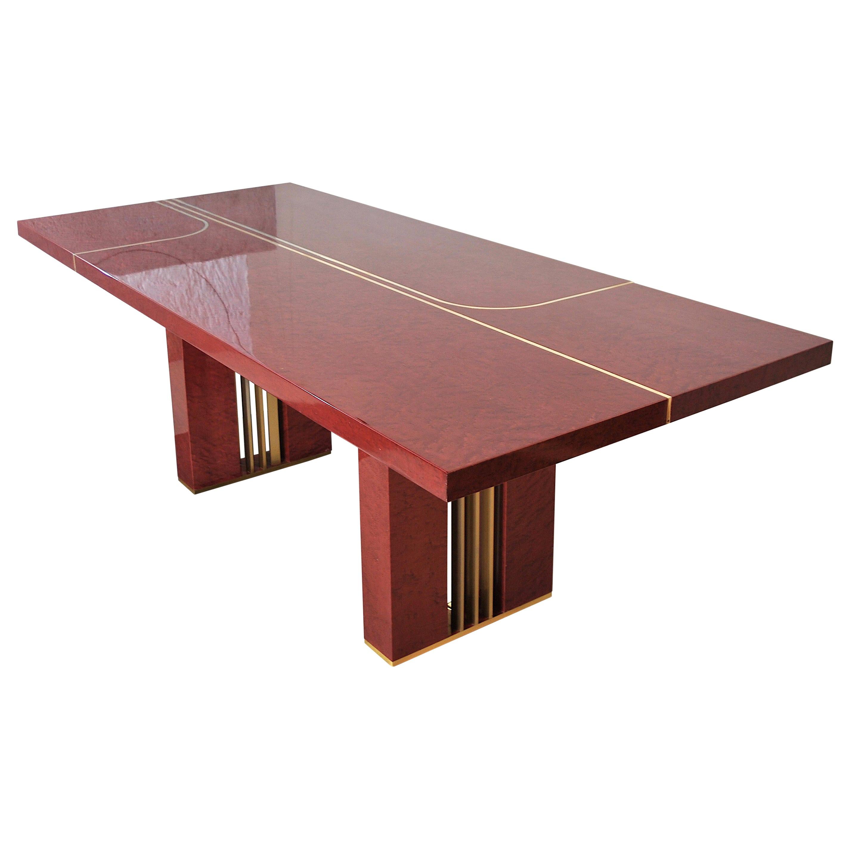 Romeo Rega Italian Midcentury Red Lacquered Wood and Brass French Table, 1980s