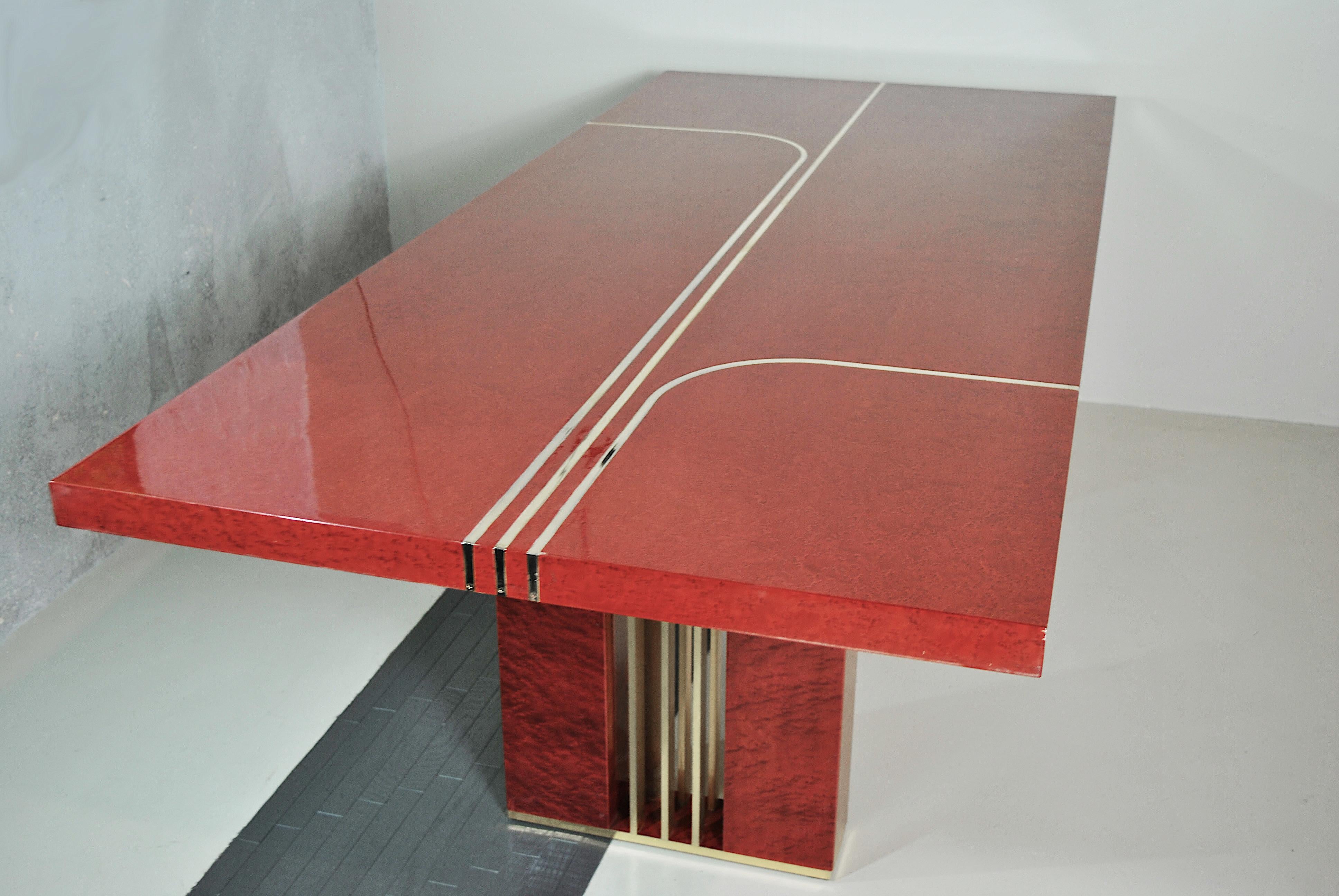 Romeo Rega Italian Midcentury Red Lacquered Wood and Brass French Table, 1980s 12