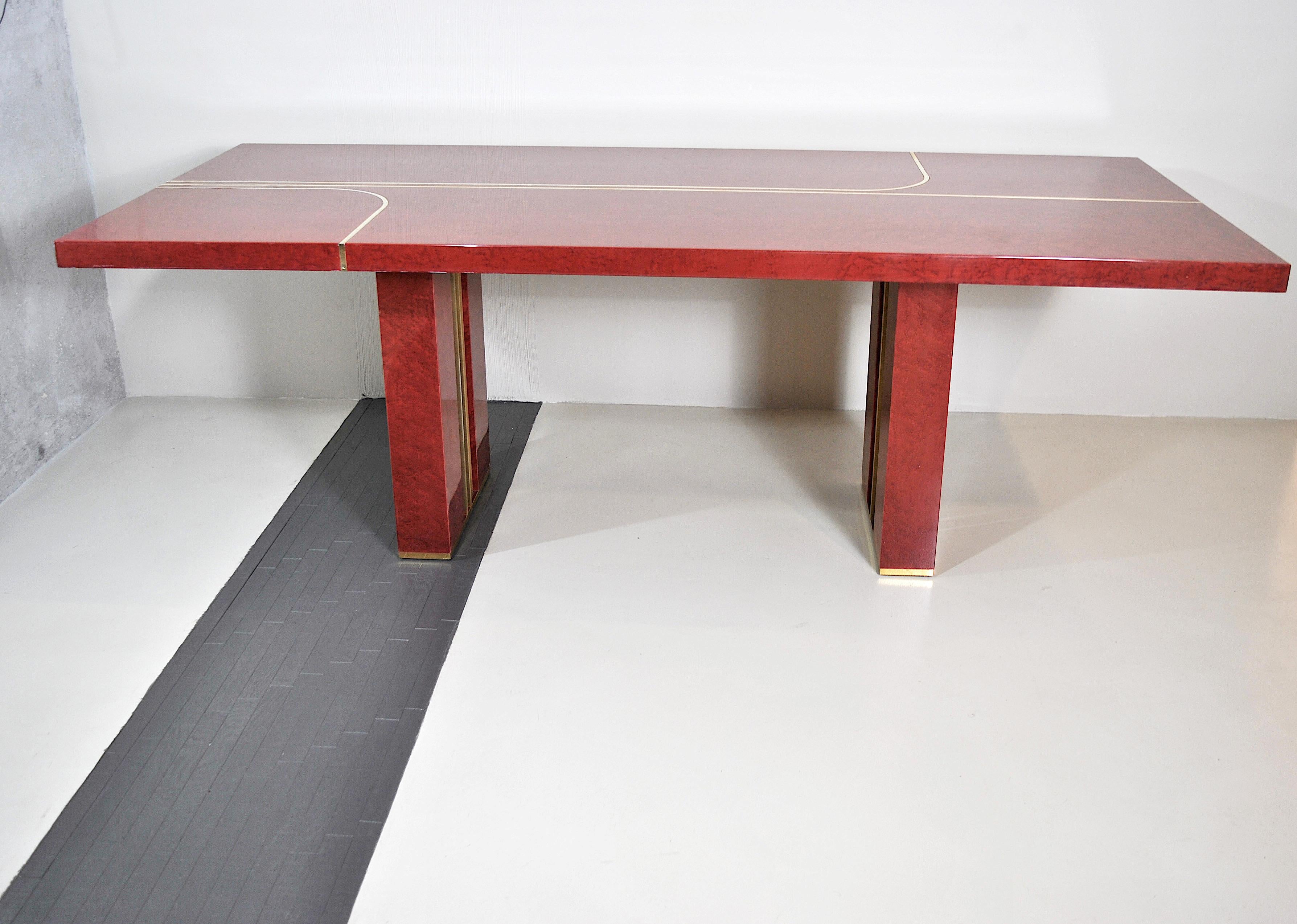 Mid-Century Modern Romeo Rega Italian Midcentury Red Lacquered Wood and Brass French Table, 1980s