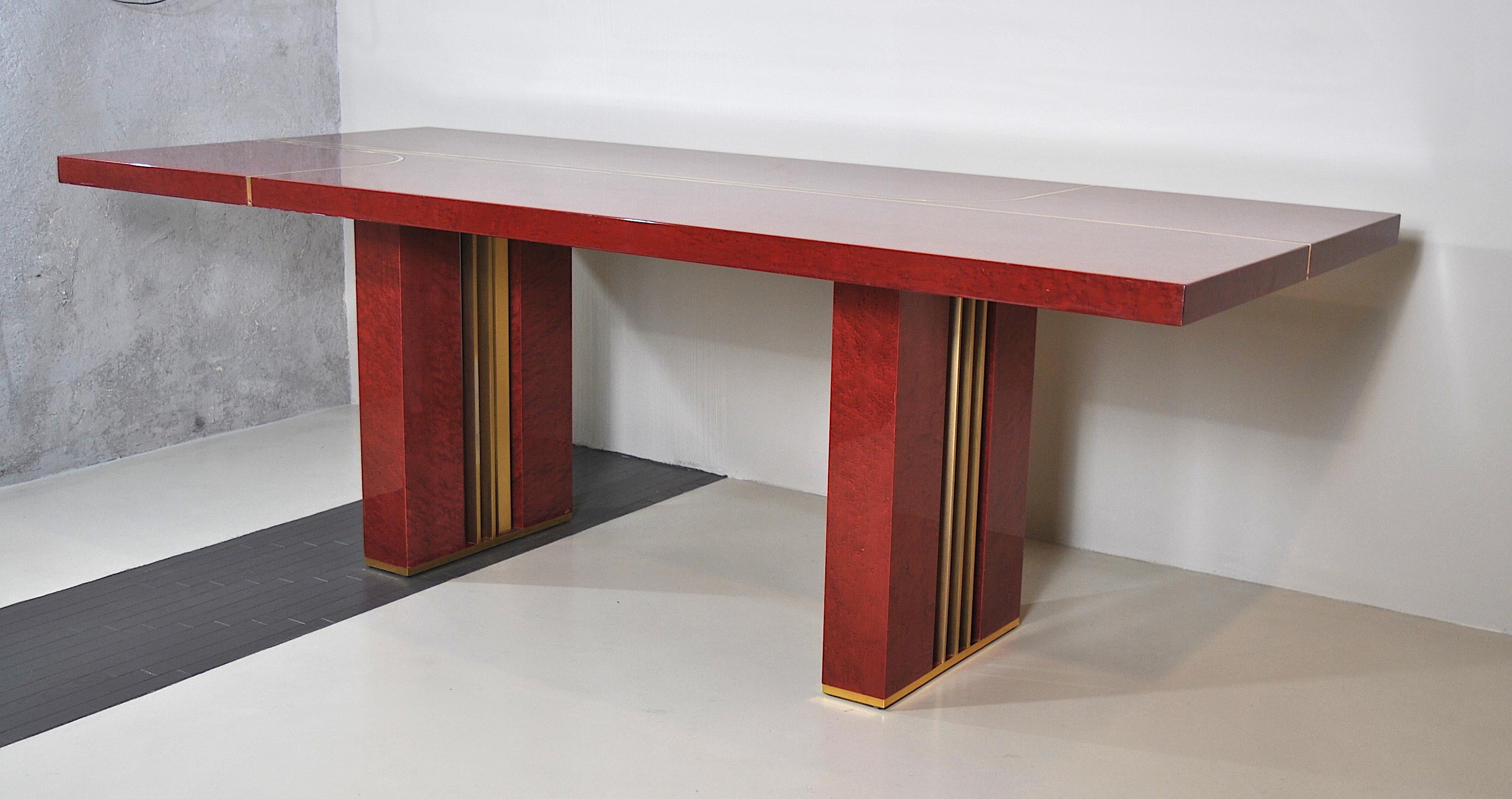 Late 20th Century Romeo Rega Italian Midcentury Red Lacquered Wood and Brass French Table, 1980s