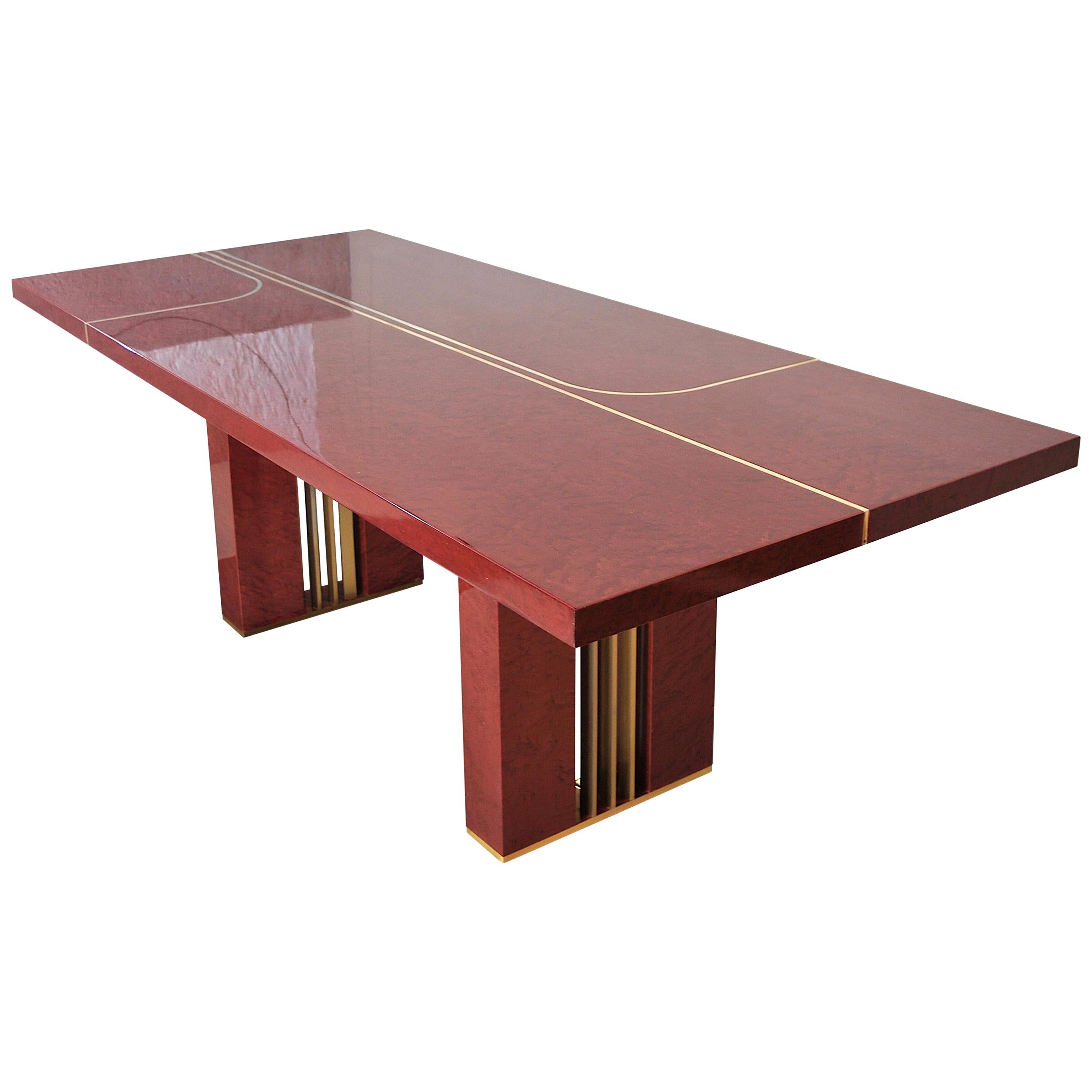 Romeo Rega Italian Midcentury Red Lacquered Wood and Brass French Table, 1980s