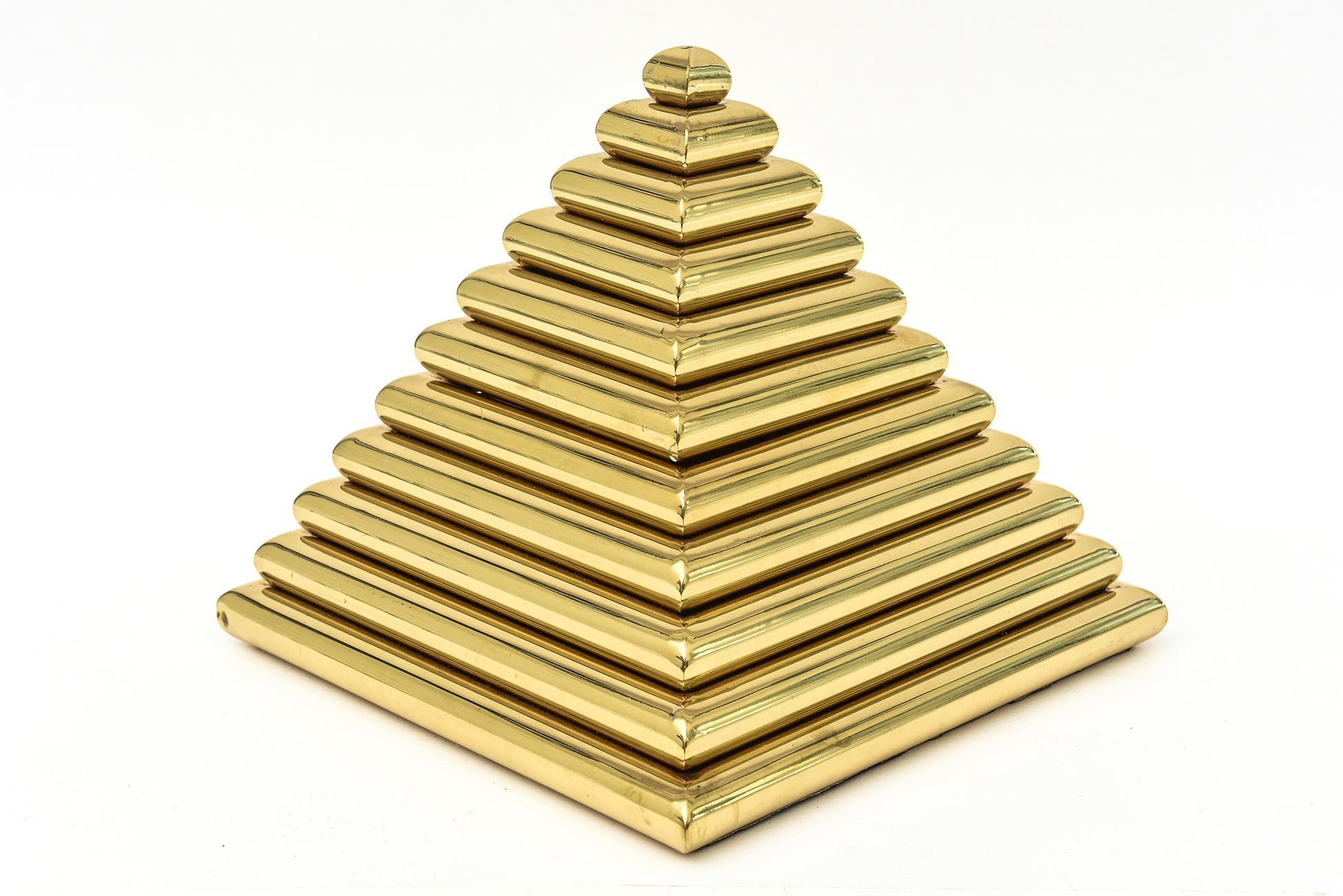 This amazing and very special heavy large vintage brass pyramid box and or sculpture designed by Romeo Rega is Italian and now rare. This is from the 70s. It is unmarked but we have had many other examples of this vintage box. It has many steps in