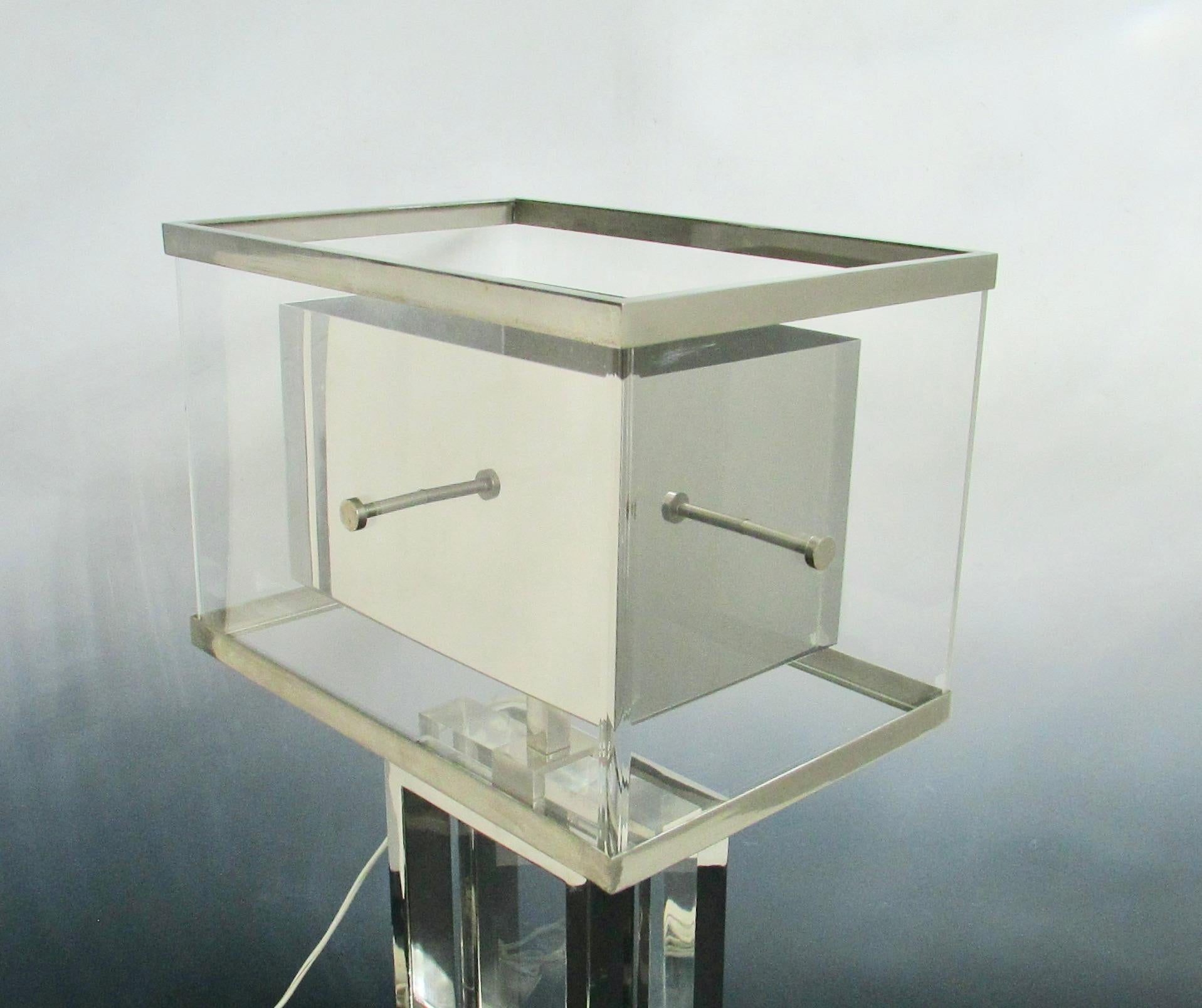 20th Century Romeo Rega Italy Polished Stainless with Lucite Table Lamp signed on base For Sale