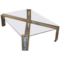 Romeo Rega Large Coffee Table in Brass/Chrome and Glass Top, Italy 1970s