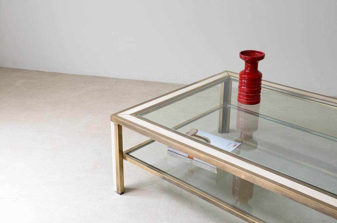 Mid-Century Modern Romeo Rega Large low brass table with travertine applications For Sale