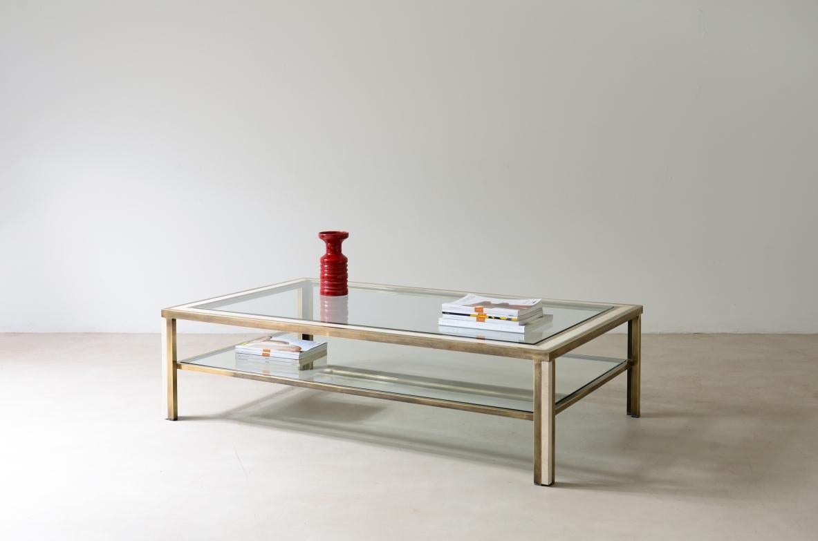 Italian Romeo Rega Large low brass table with travertine applications For Sale