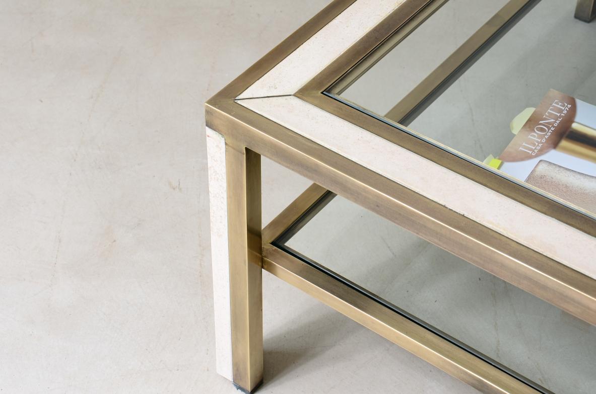 20th Century Romeo Rega Large low brass table with travertine applications For Sale