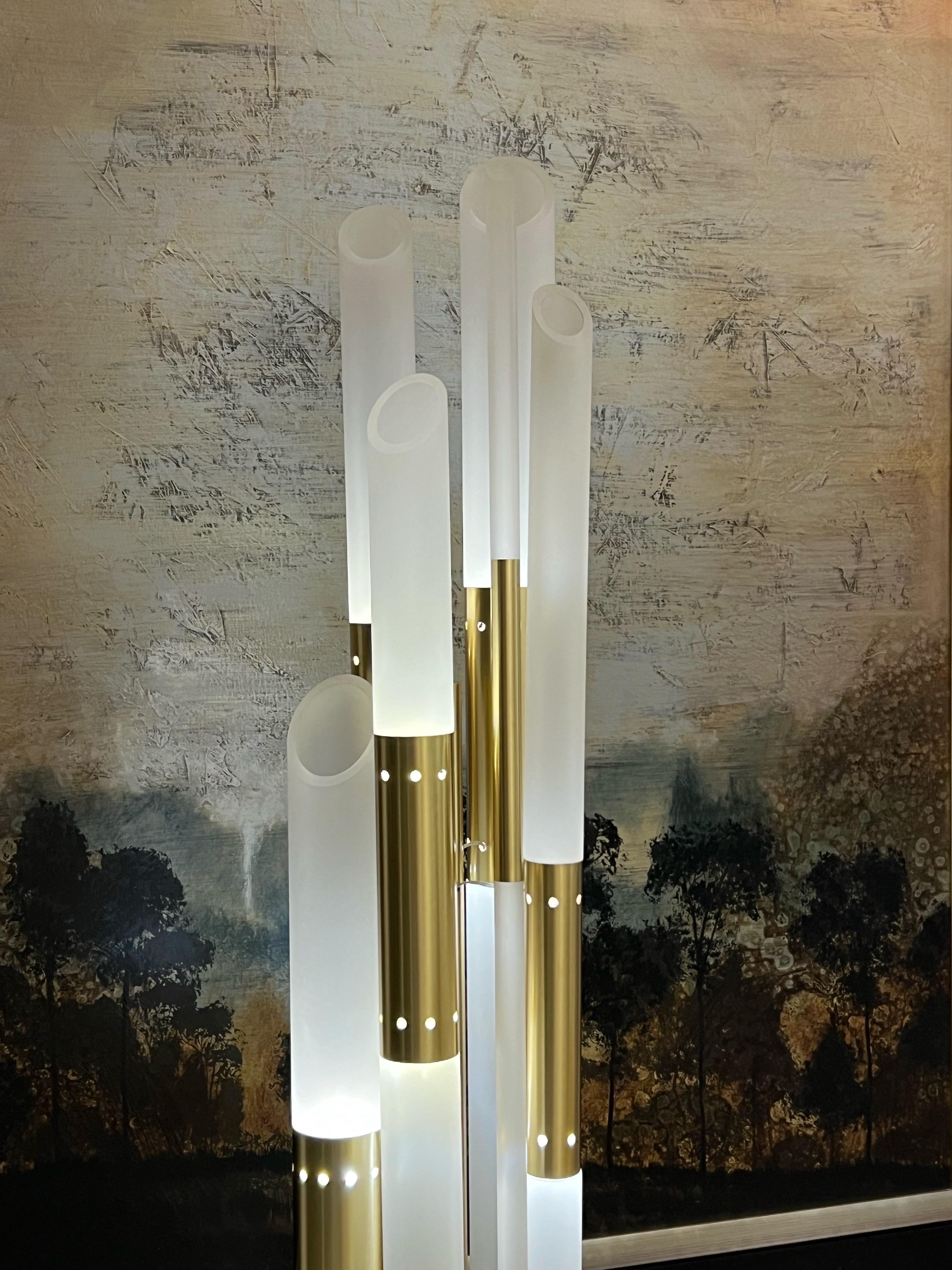 Romeo Rega Lucite Brass Stainless Steel Monumental Sculpture Floor Lamp In Good Condition For Sale In Miami, FL
