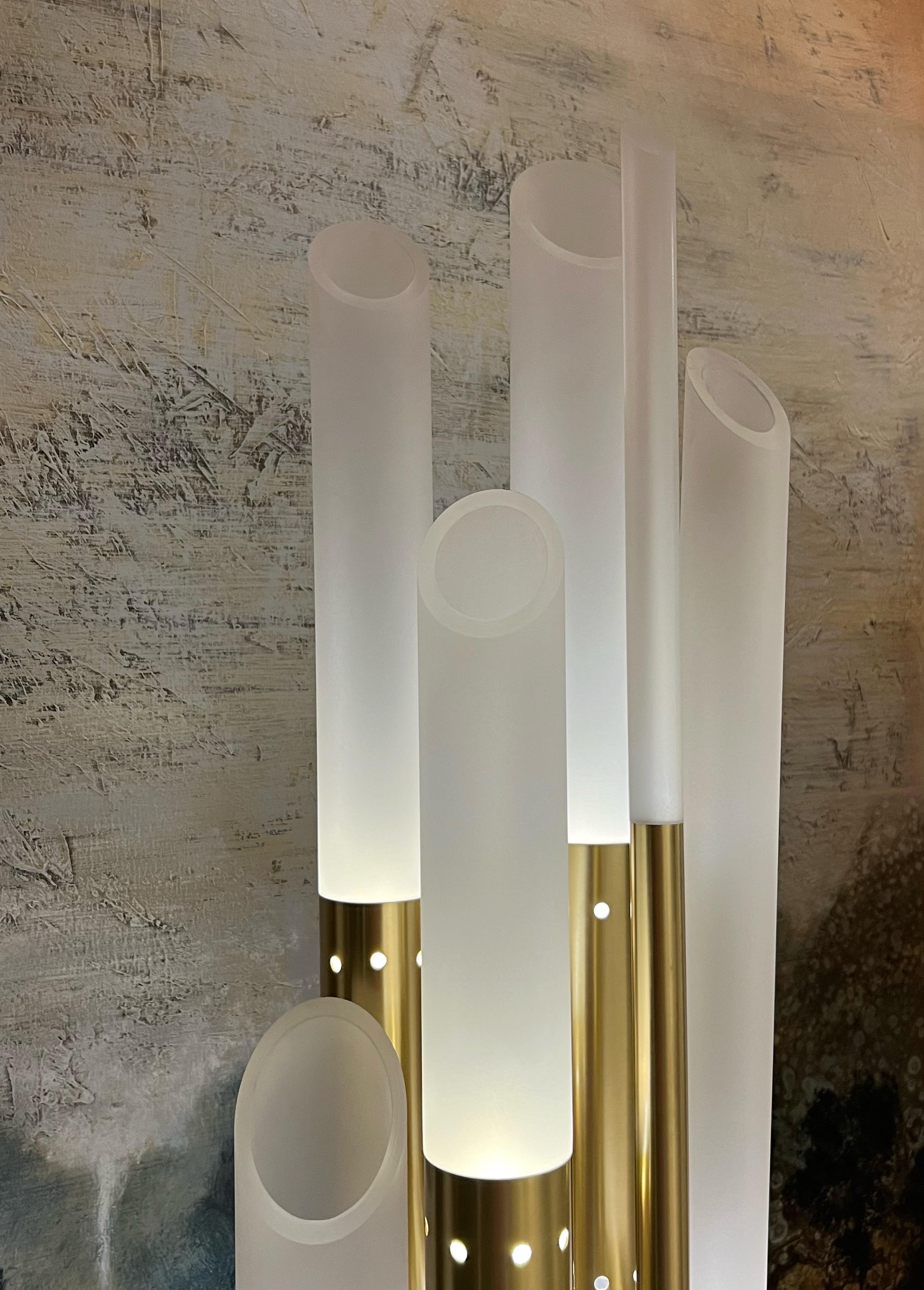 Late 20th Century Romeo Rega Lucite Brass Stainless Steel Monumental Sculpture Floor Lamp For Sale