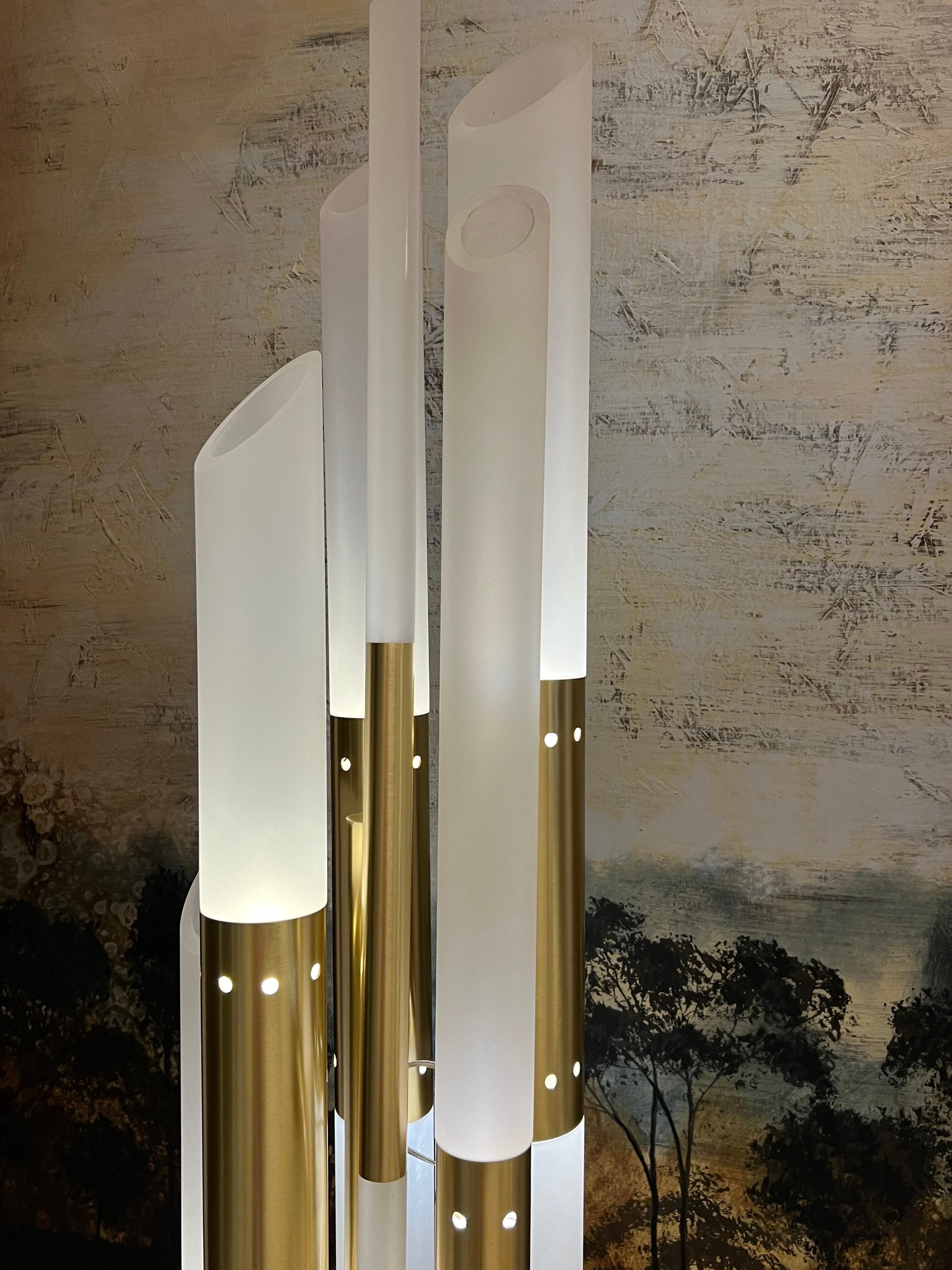 Romeo Rega Lucite Brass Stainless Steel Monumental Sculpture Floor Lamp For Sale 1