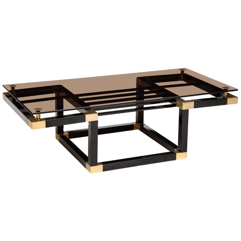 Romeo Rega Metal Black Gold Coffee Table with Smoked Glass, Midcentury