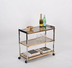 Romeo Rega Midcentury Brass and Chrome Italian Bar Cart with Smoked Glass 1970s