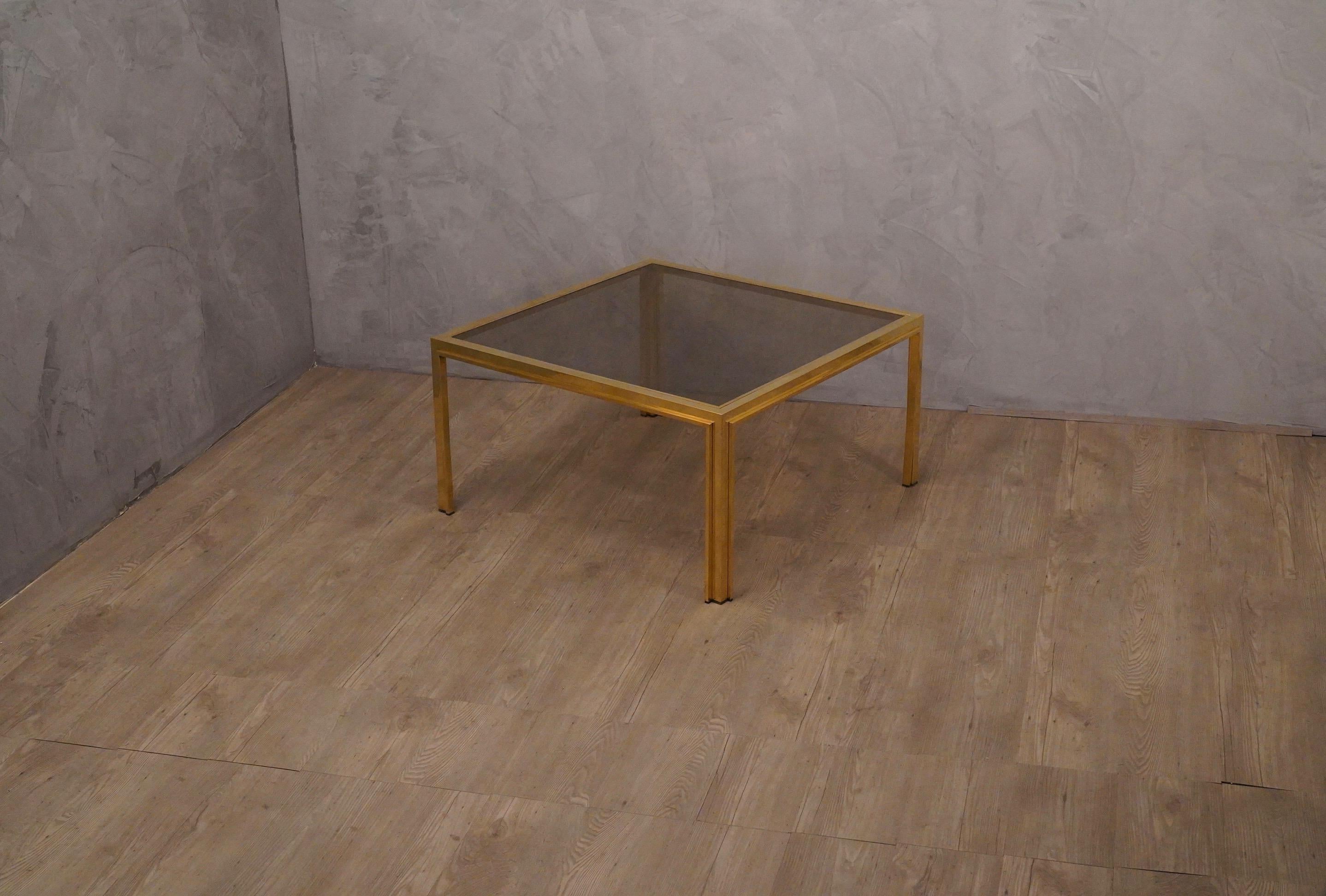 Late 20th Century Romeo Rega Midcentury Square Brass and Glass Sofa Table, 1970 For Sale
