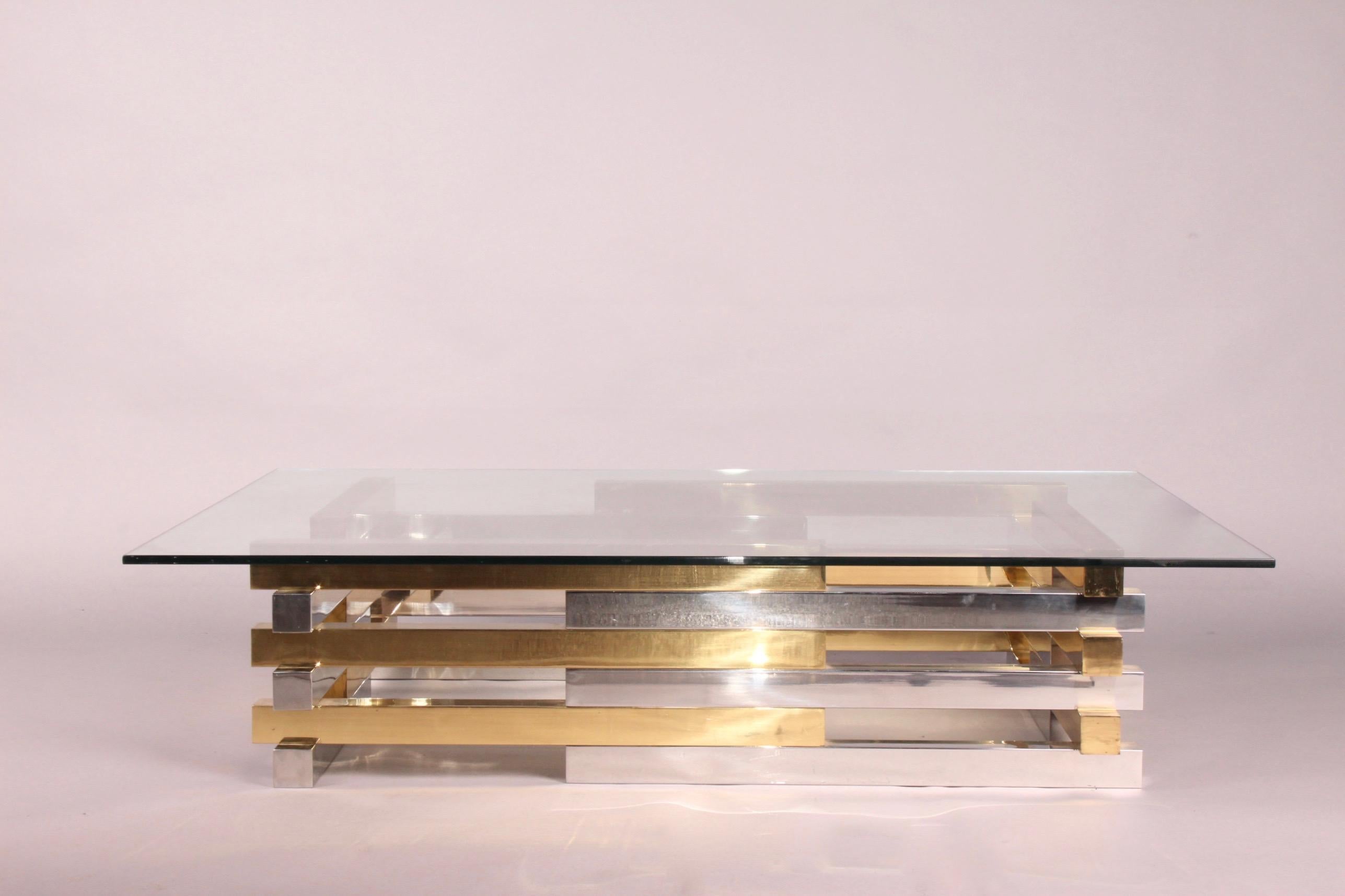 Romeo Rega modern table coffee chrome metal solid brass gold, dimensions without glass top H 30, BY 107, 80 cm.