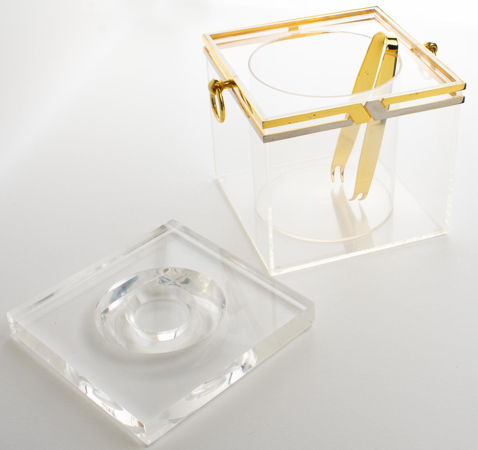 French Romeo Rega Modernist Barware Chrome, Brass and Lucite Ice Bucket, circa 1970 For Sale
