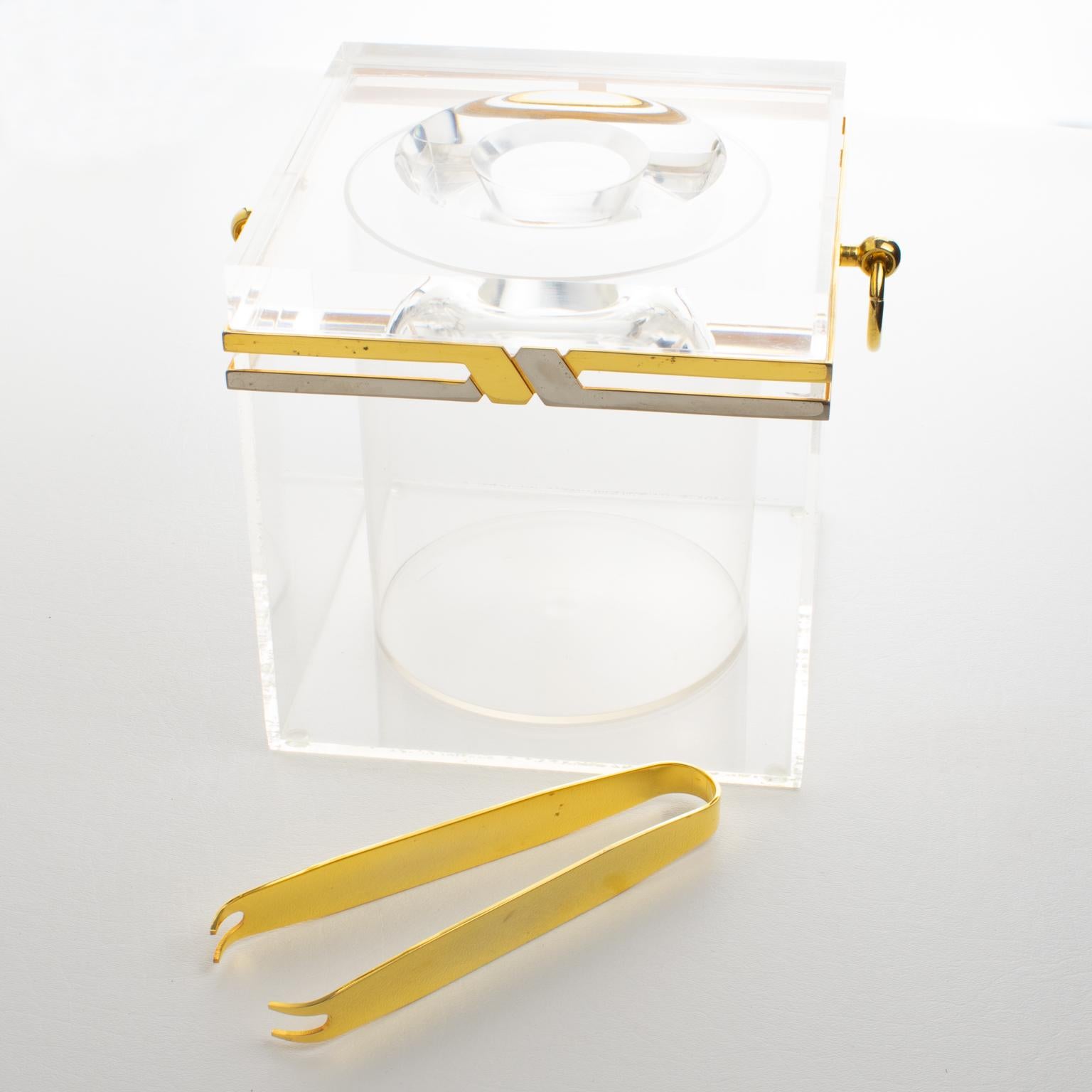 Romeo Rega Modernist Barware Chrome, Brass and Lucite Ice Bucket, circa 1970 In Good Condition For Sale In Atlanta, GA