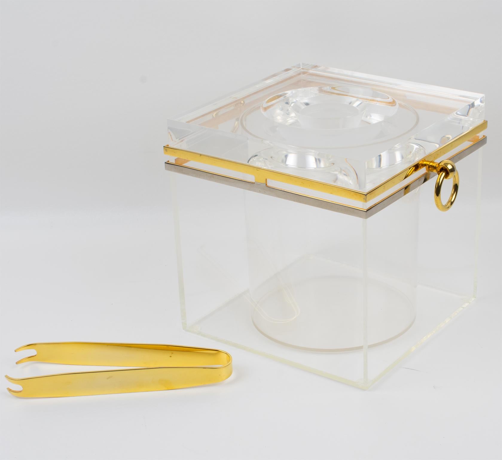Late 20th Century Romeo Rega Modernist Barware Chrome, Brass and Lucite Ice Bucket, circa 1970 For Sale