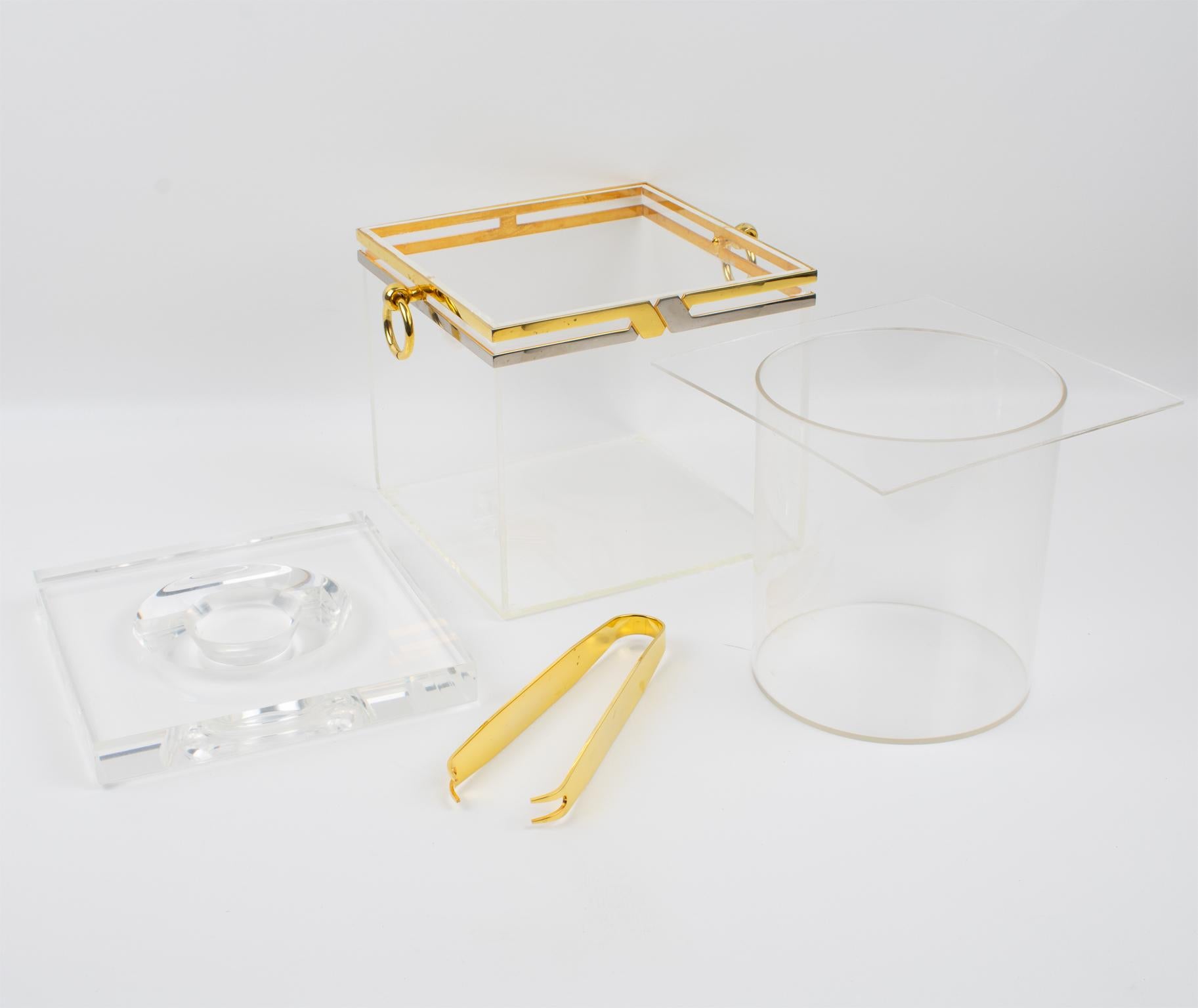 Metal Romeo Rega Modernist Barware Chrome, Brass and Lucite Ice Bucket, circa 1970 For Sale