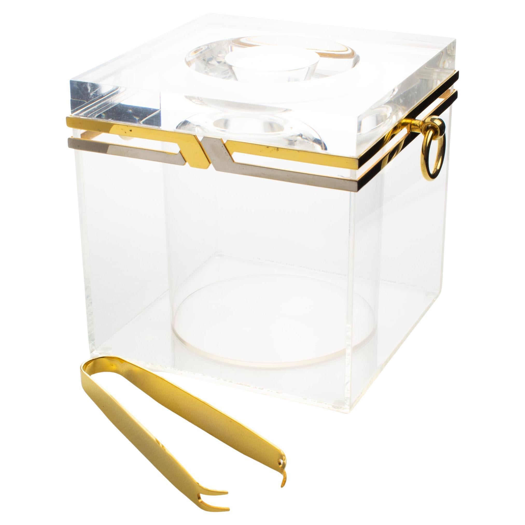 Romeo Rega Modernist Barware Chrome, Brass and Lucite Ice Bucket, circa 1970 For Sale