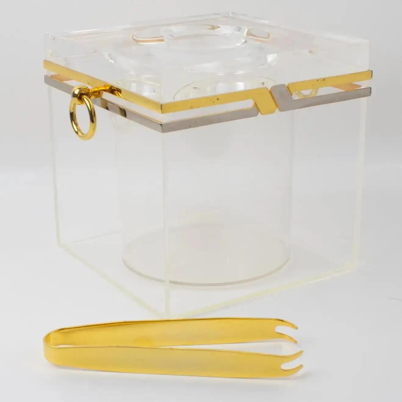 Romeo Rega Modernist Chrome, Brass, and Lucite Barware Ice Bucket, 1970s For Sale 13