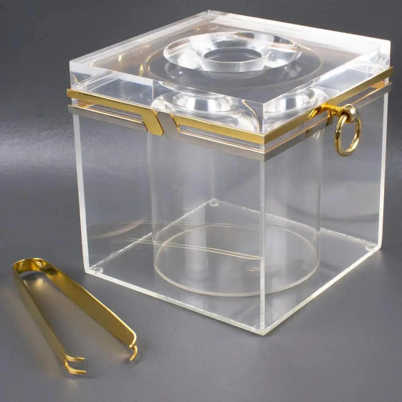 Mid-Century Modern Romeo Rega Modernist Chrome, Brass, and Lucite Barware Ice Bucket, 1970s For Sale