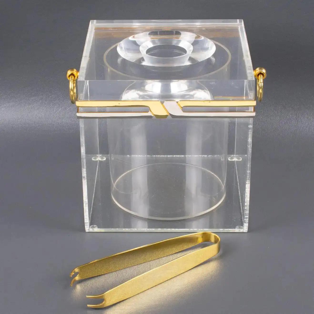 French Romeo Rega Modernist Chrome, Brass, and Lucite Barware Ice Bucket, 1970s For Sale