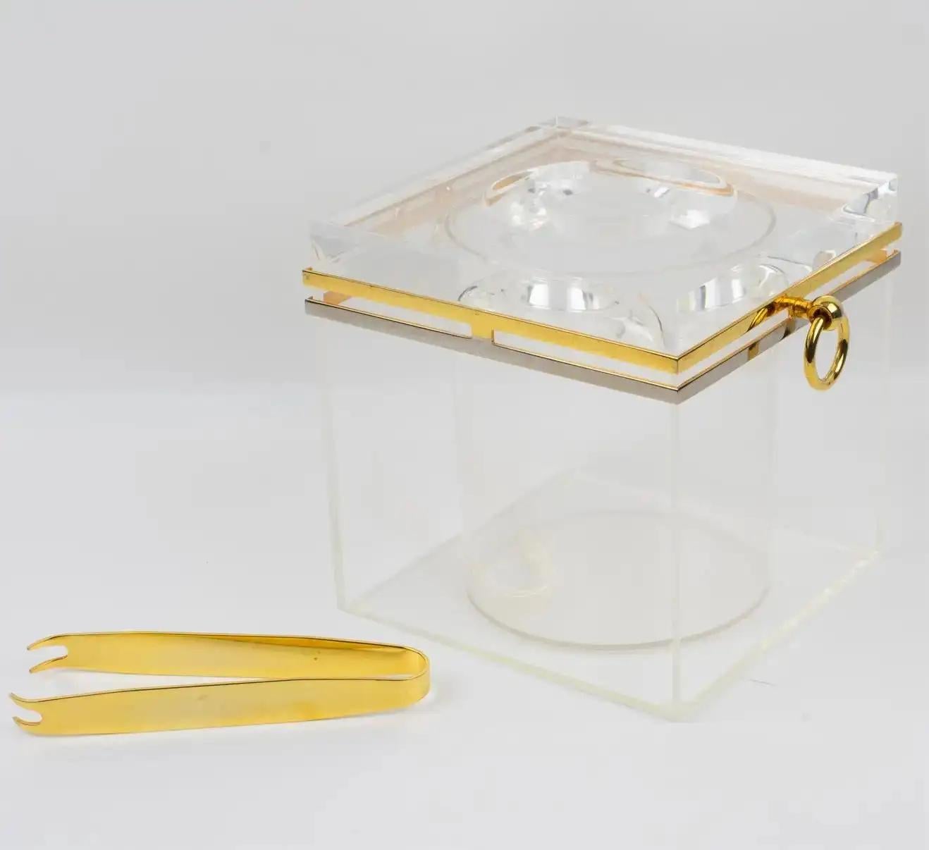 Romeo Rega Modernist Chrome, Brass, and Lucite Barware Ice Bucket, 1970s 2