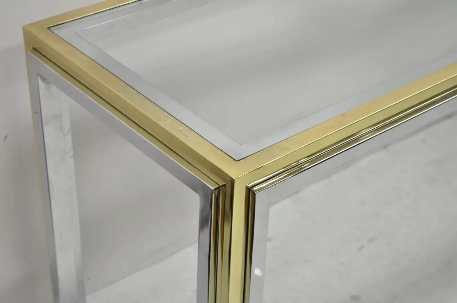 Romeo Rega Modernist Maison Jansen Style Chrome Brass Glass Console Hall Table In Good Condition For Sale In Philadelphia, PA