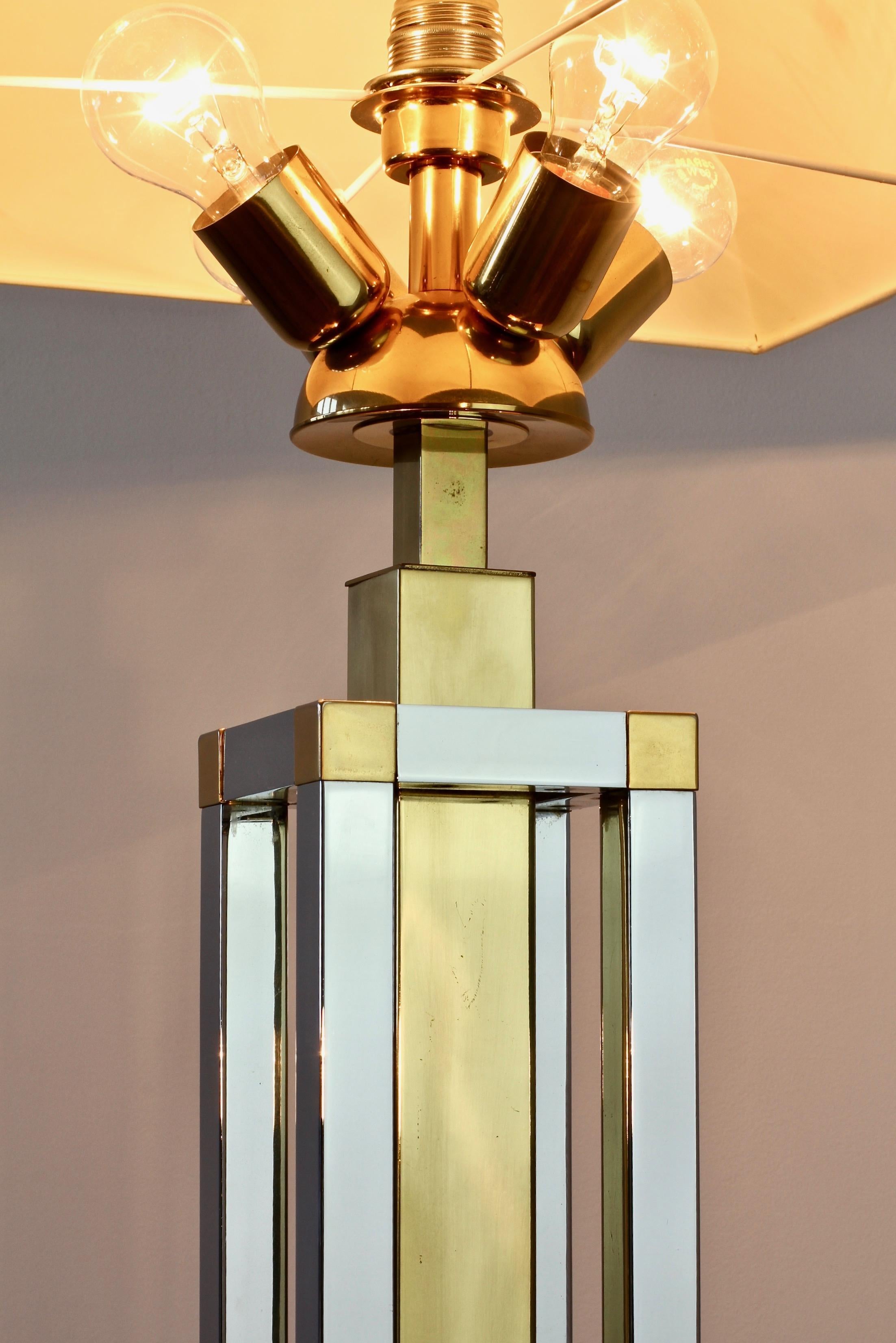 Metal Midcentury Vintage Italian Bicolor Chrome & Brass 1970s Tall Floor Lamp For Sale