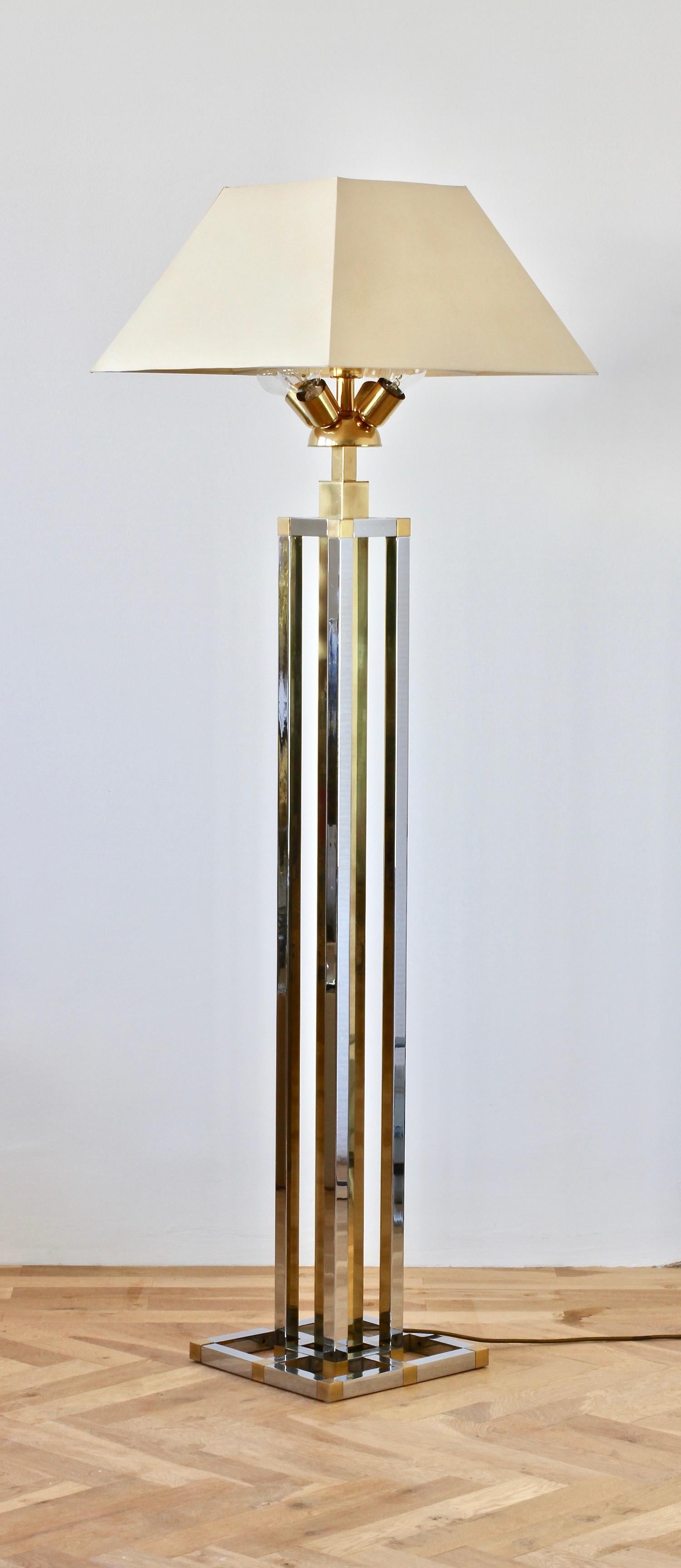 Mid-Century Modern vintage Italian floor lamp, made in Italy, circa late 1970s -early 1980s. Featuring chrome, polished brass and plated/gilt brass - this piece lends itself to any modern home decor as well as the Mid-Century Modern or Hollywood