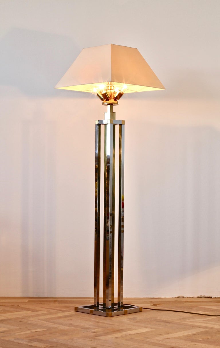 Midcentury Italian Chrome and Brass 1970s Tall Floor Lamp Attributed to