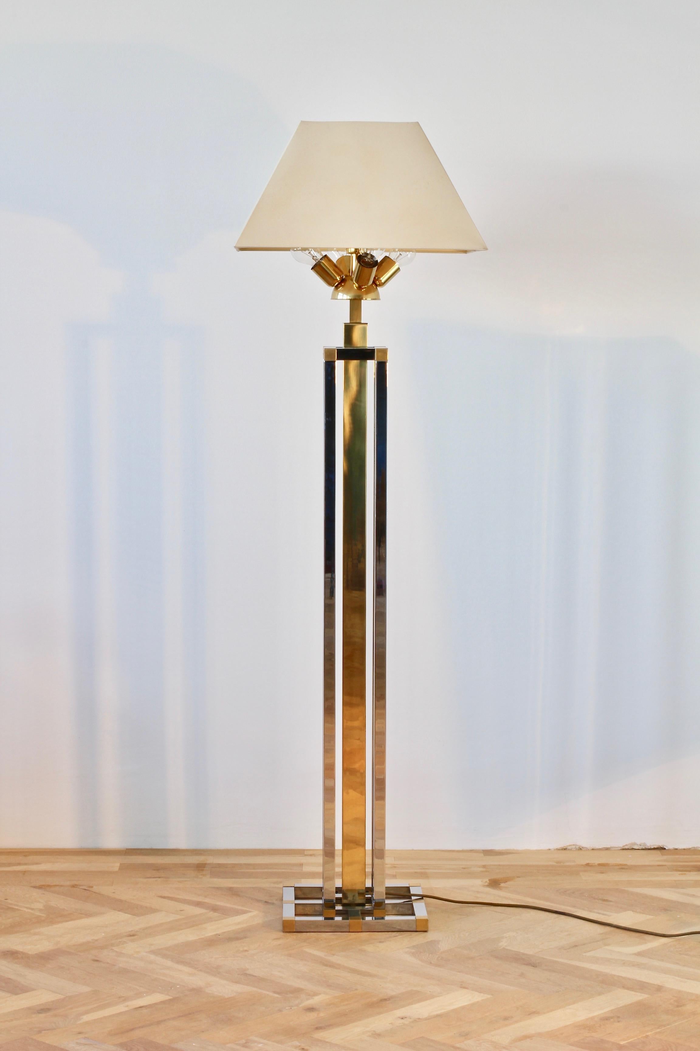 Plaqué Midcentury Vintage Italian Bicolor Chrome & Brass 1970 Tall Floor Lamp en vente