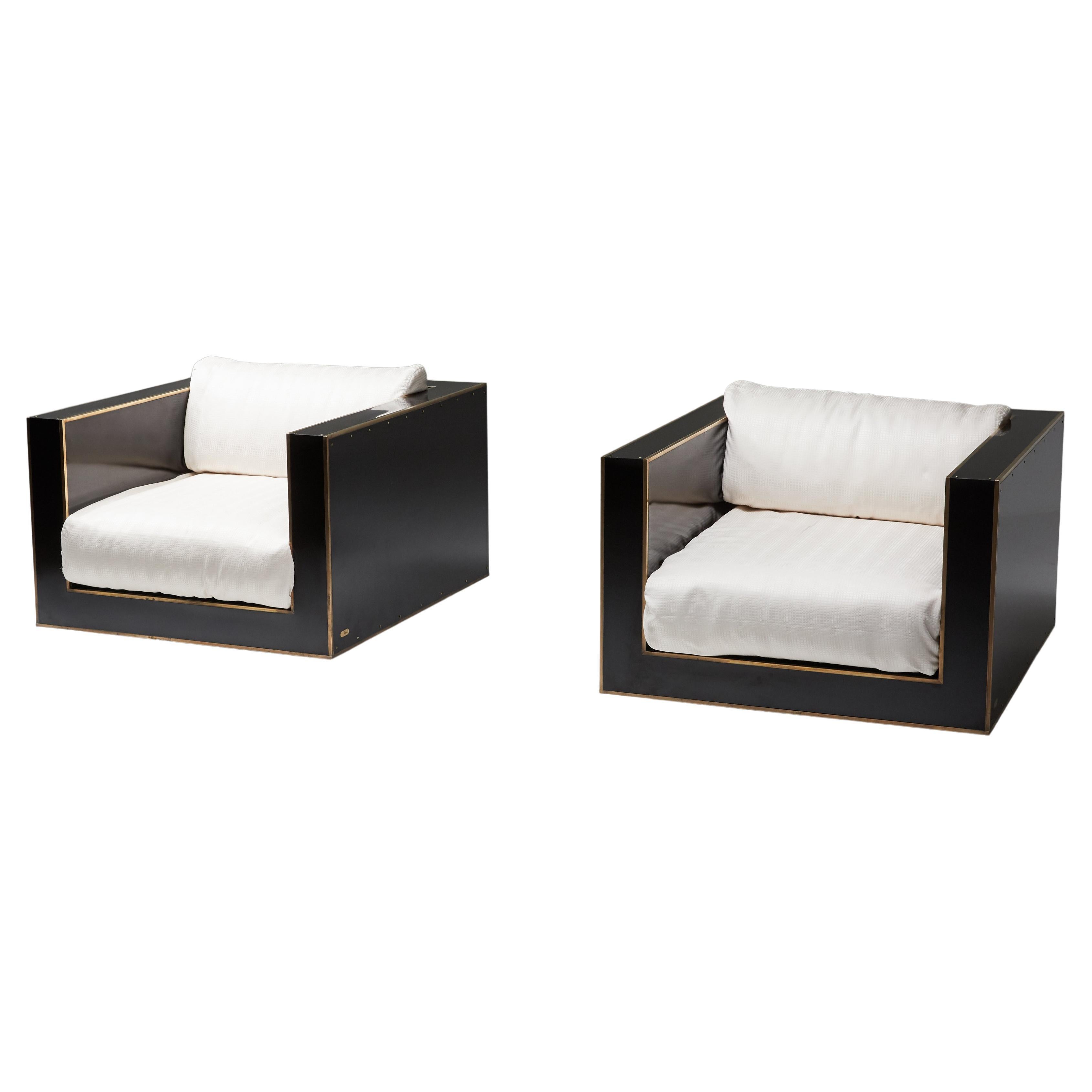 Romeo Rega Pair of Cubic Lounge Chairs in Black and Brass Hollywood Regency