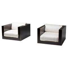 Romeo Rega Pair of Cubic Lounge Chairs in Black and Brass Hollywood Regency